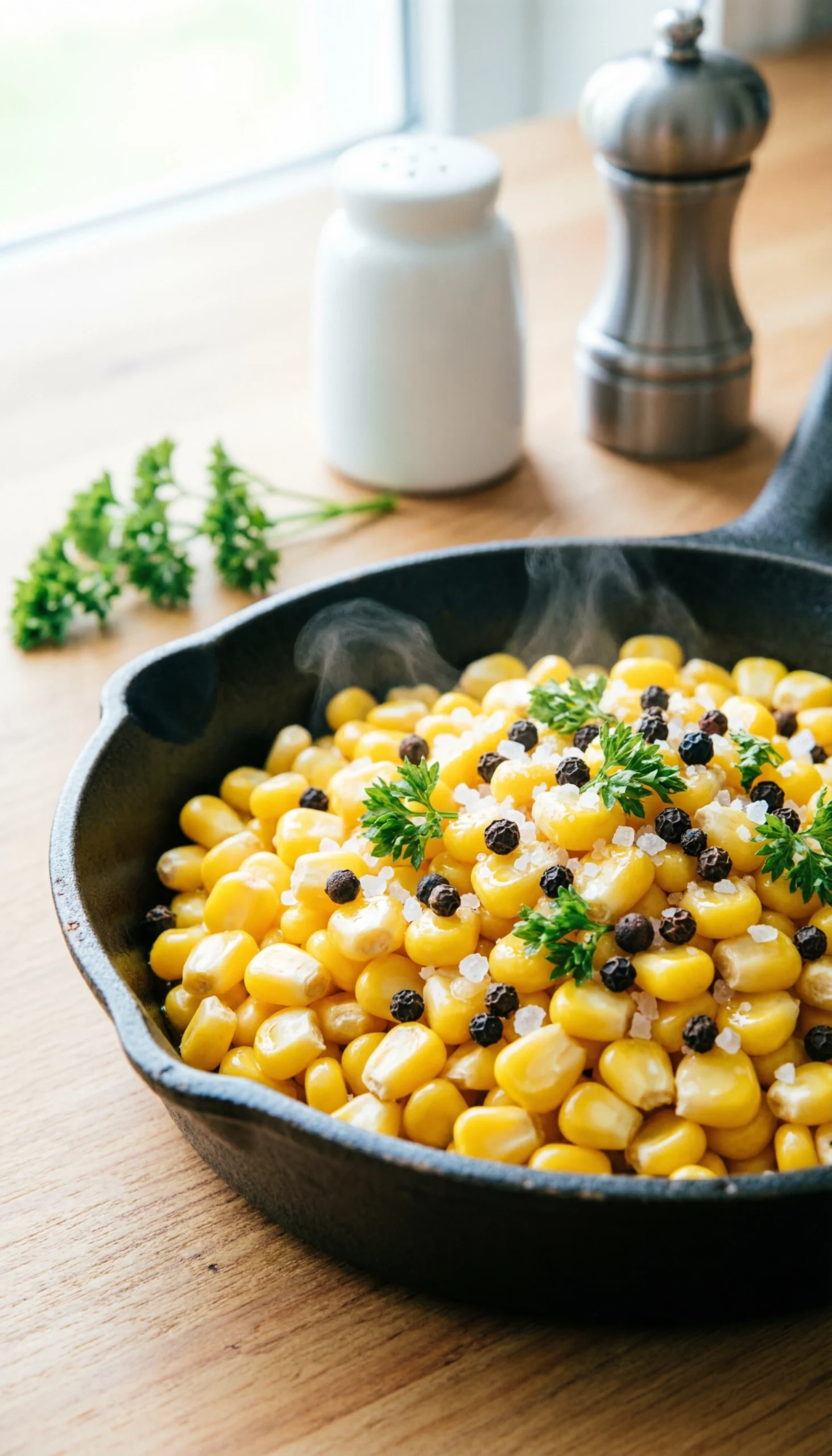 Finished creamy honey butter skillet corn garnished with fresh green parsley and sea salt in a bright setting.