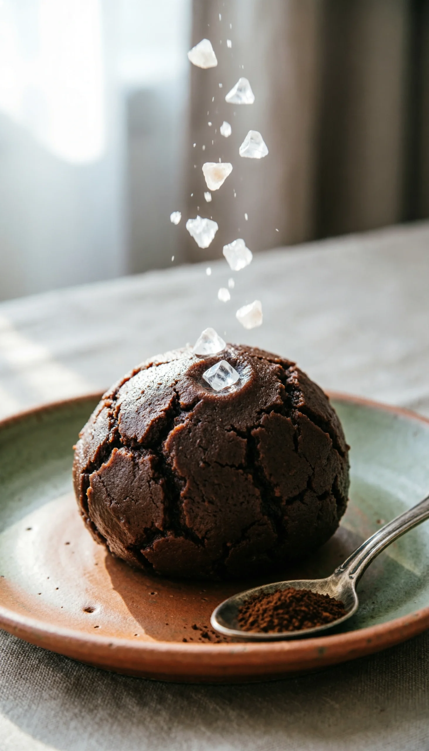 Flaky sea salt sprinkled over dark fudgy chocolate cookie dough with espresso powder on a vintage ceramic plate.