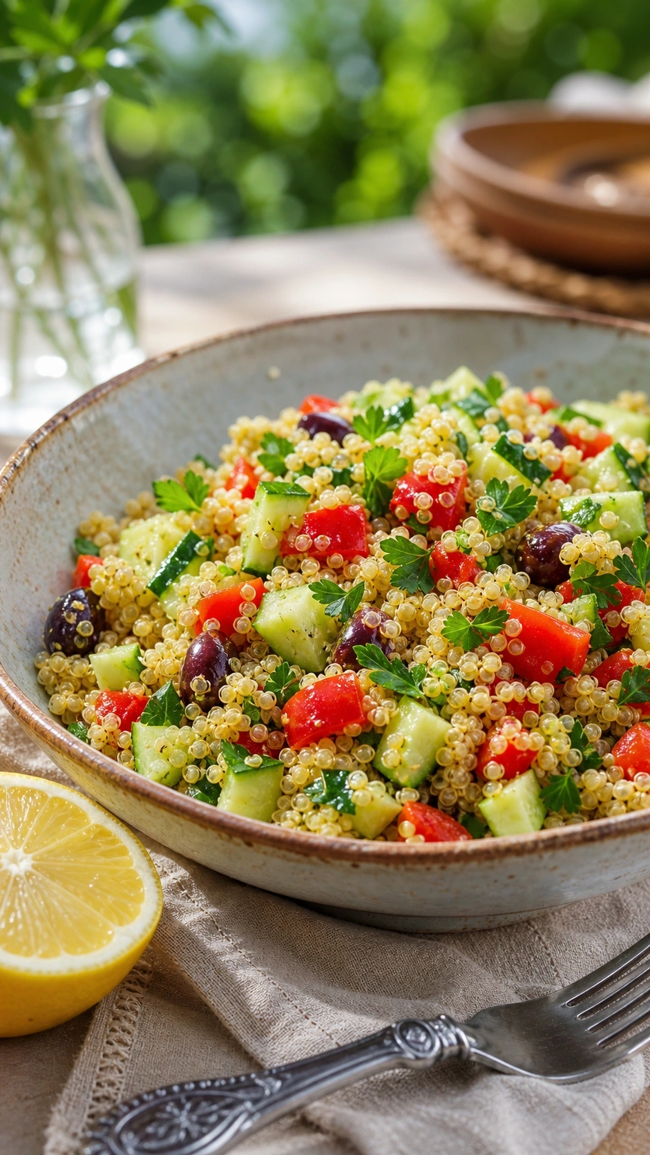 Fluffy Mediterranean quinoa salad with diced cucumbers and red peppers in an artisanal ceramic serving bowl.
