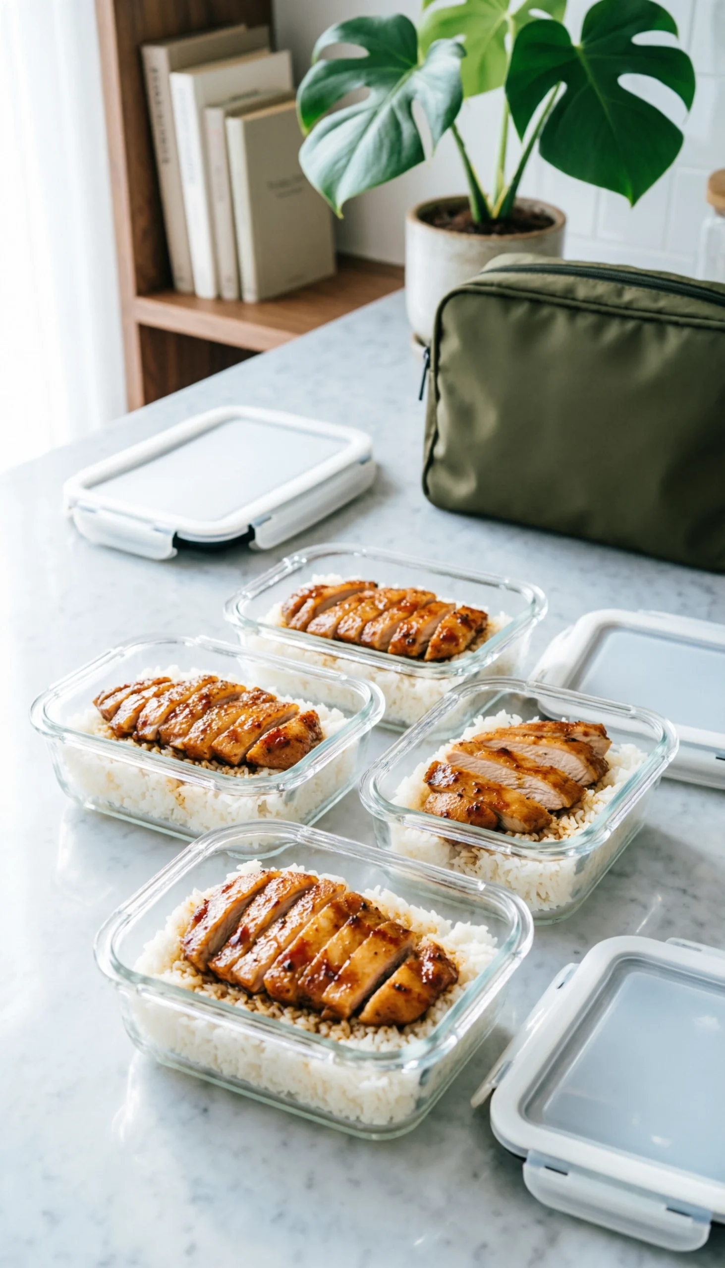 Four glass meal prep containers filled with turkey teriyaki and rice organized on a clean marble kitchen counter.
