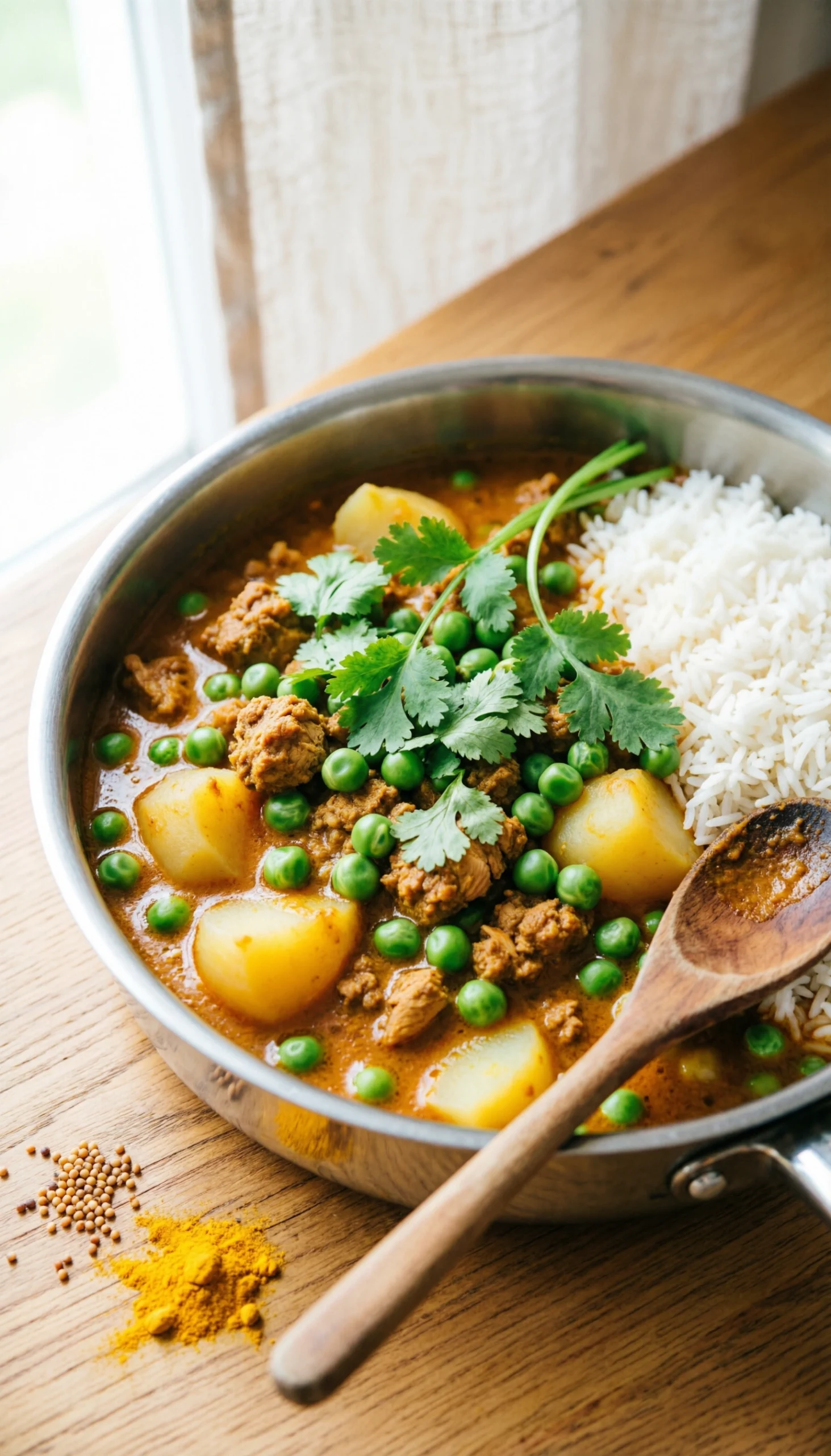 Fragrant yellow curried ground turkey with tender potatoes, green peas, and fresh cilantro in a stainless steel pan.