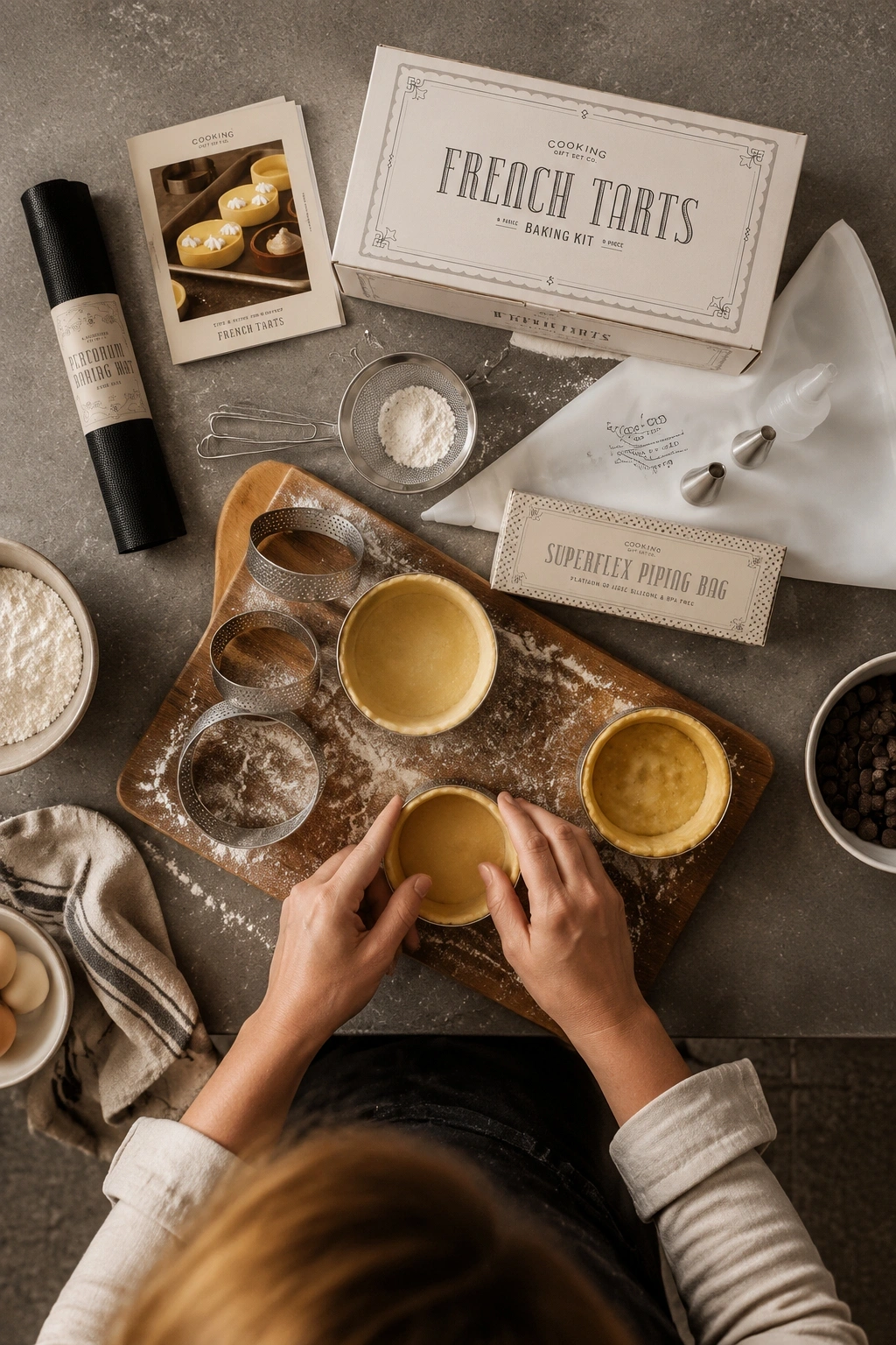 A photo of the French Tart Baking Set laid out on a kitchen counter, showing the stainless steel rings, thermometer, and piping bag ready for testing.