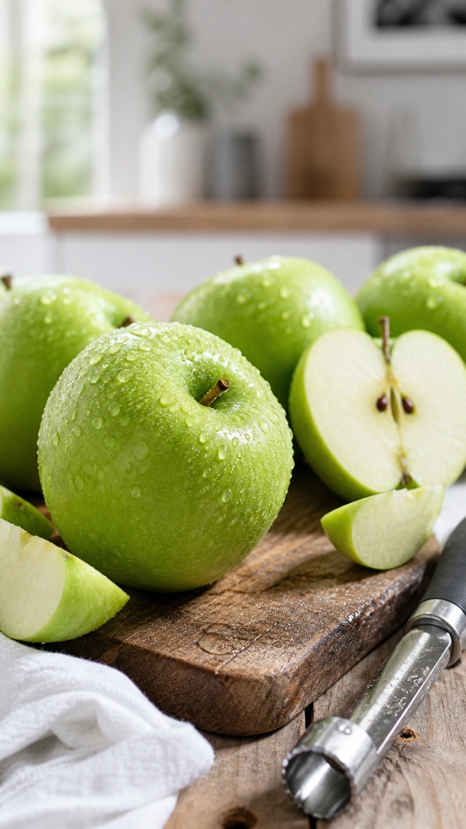 Fresh Granny Smith apples with water droplets on a rustic wooden cutting board with a professional apple corer.