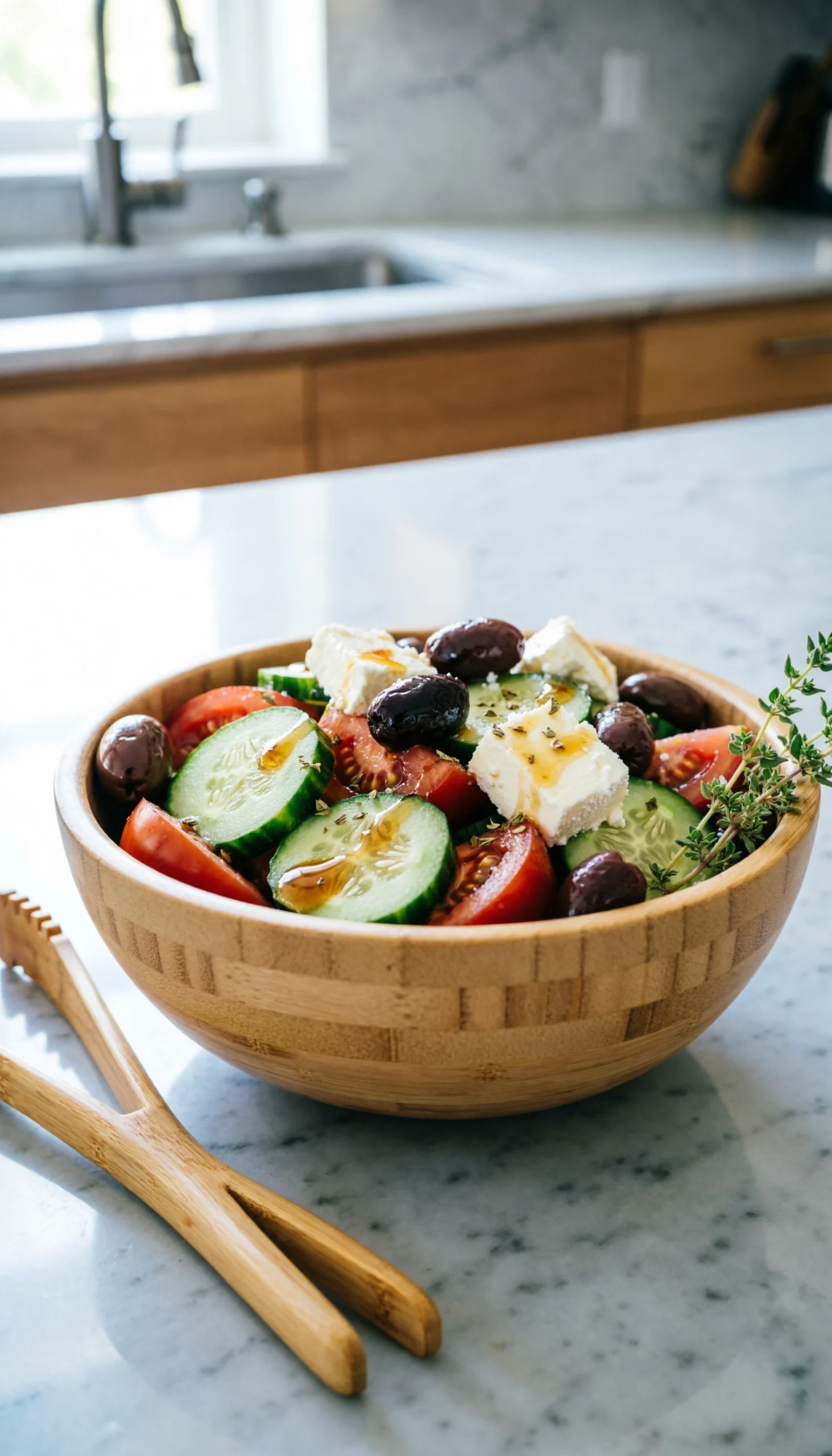 Fresh Greek cucumber and tomato salad with large feta cheese blocks and olives in an elegant bamboo bowl.