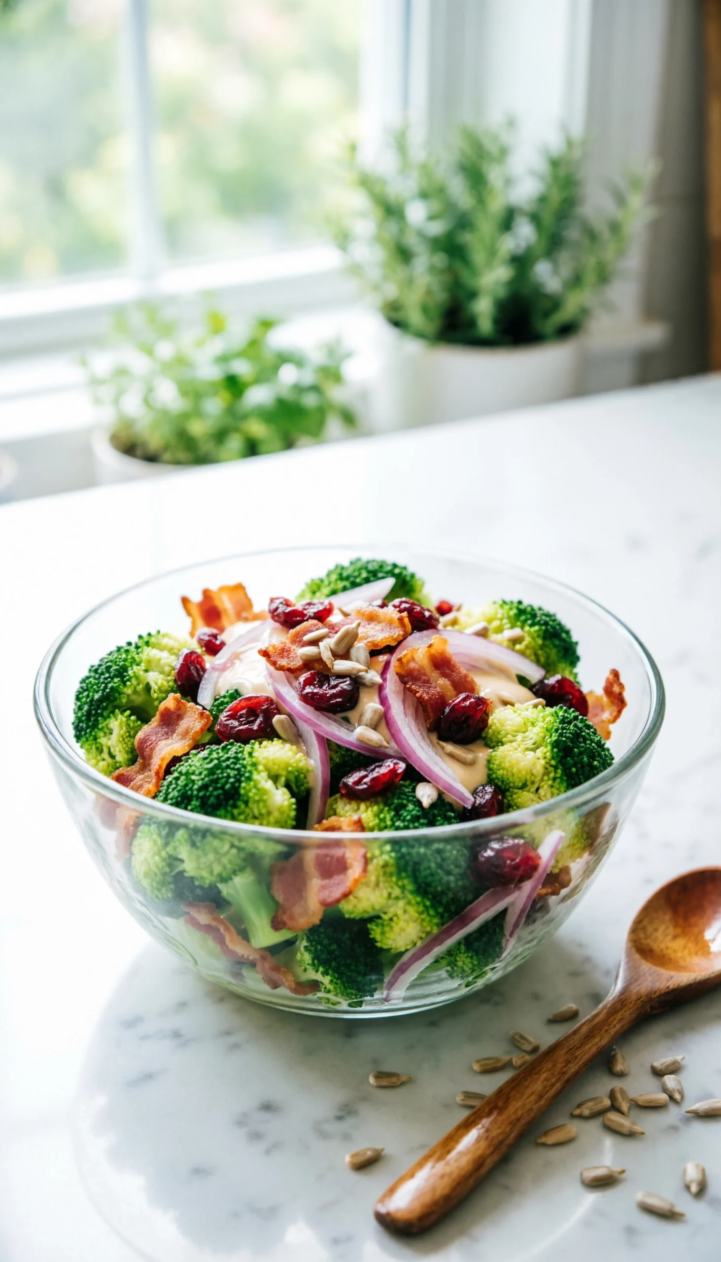 Fresh broccoli bacon salad with sunflower seeds and dried cranberries in a glass bowl on a white marble kitchen counter.