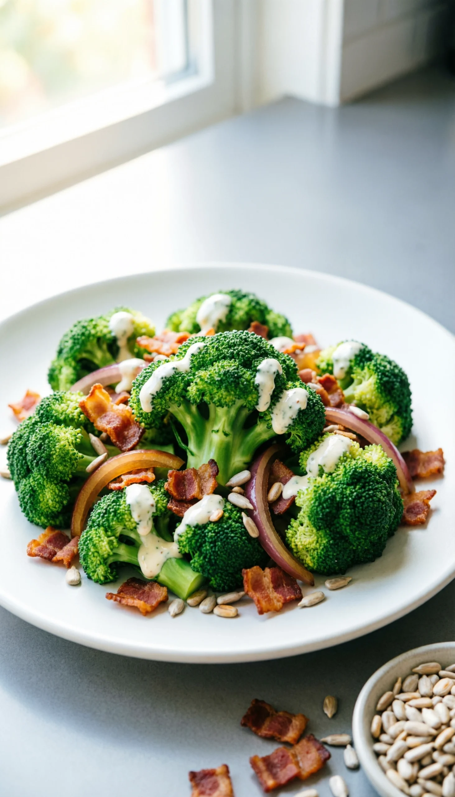 Fresh broccoli bacon salad with sunflower seeds and red onions in a creamy dressing on a white ceramic platter.