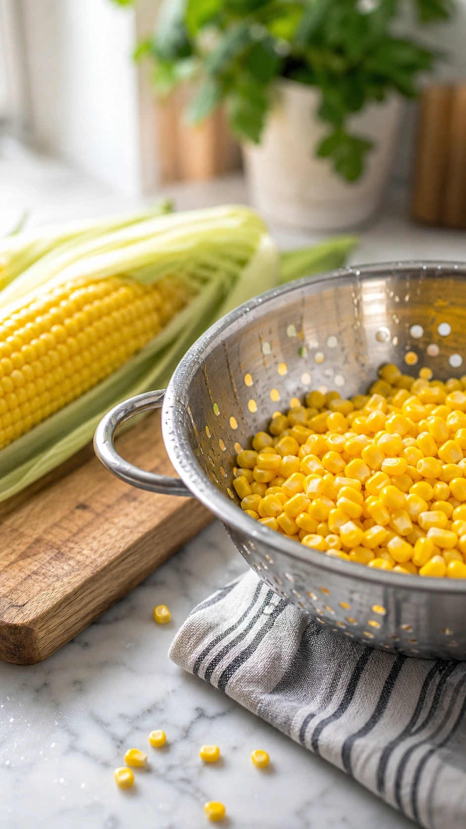 Fresh golden sweet corn kernels draining in a stainless steel colander on a luxurious marble kitchen countertop.