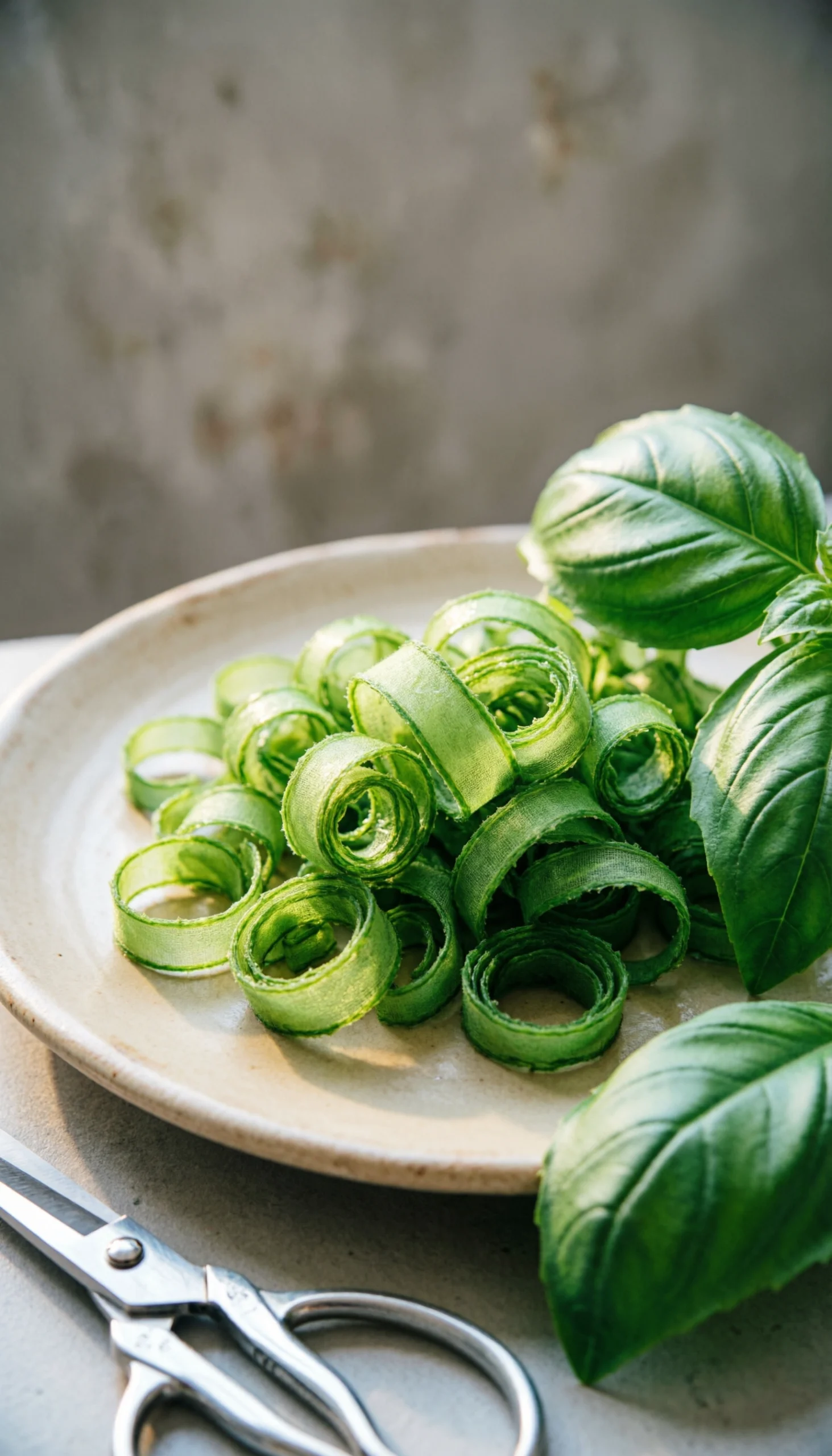 Fresh green basil leaves being sliced into delicate chiffonade ribbons on a vintage ceramic plate for healthy cooking.