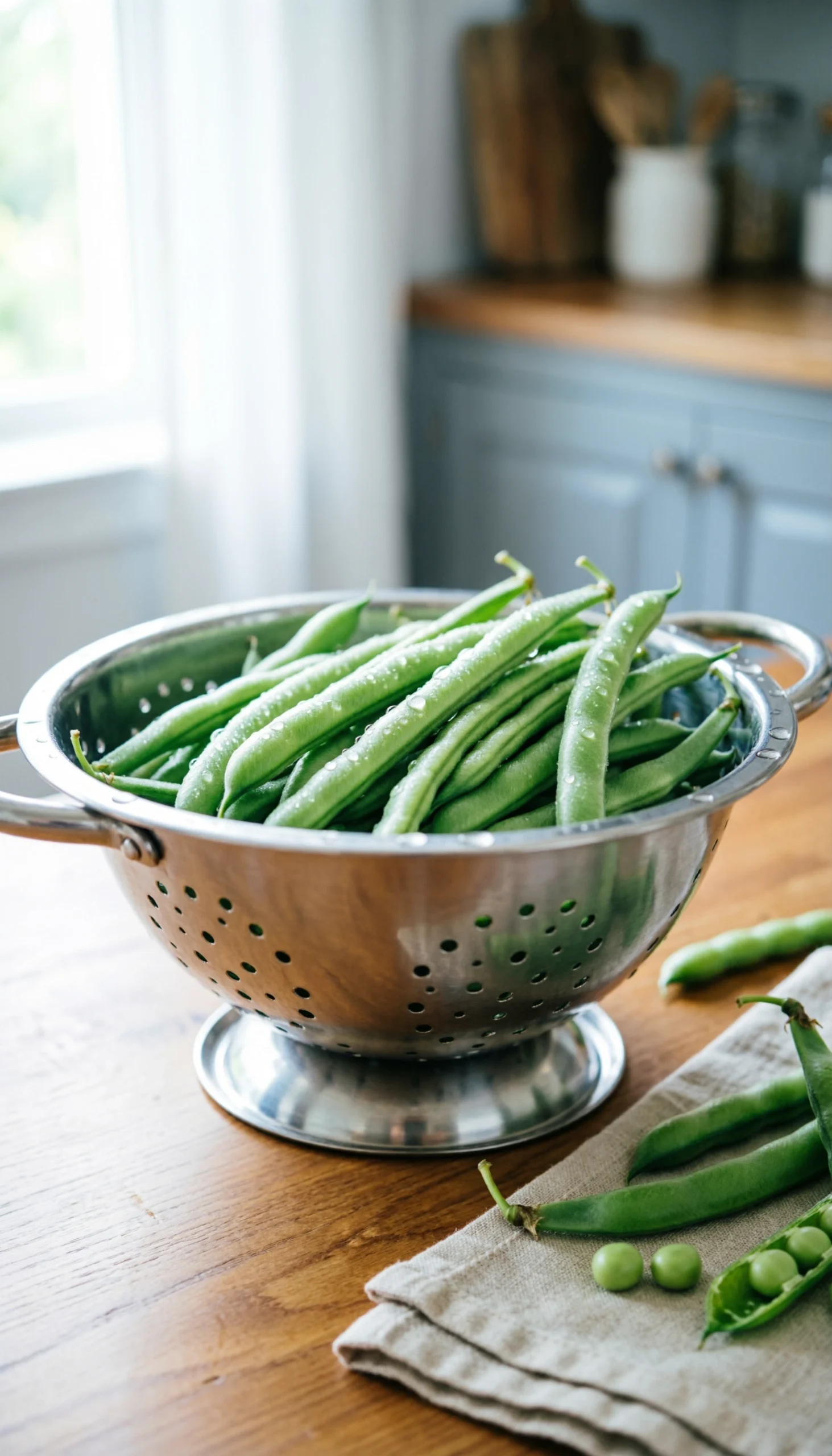 Fresh green beans with water droplets in a stainless steel colander on a rustic wooden kitchen table.