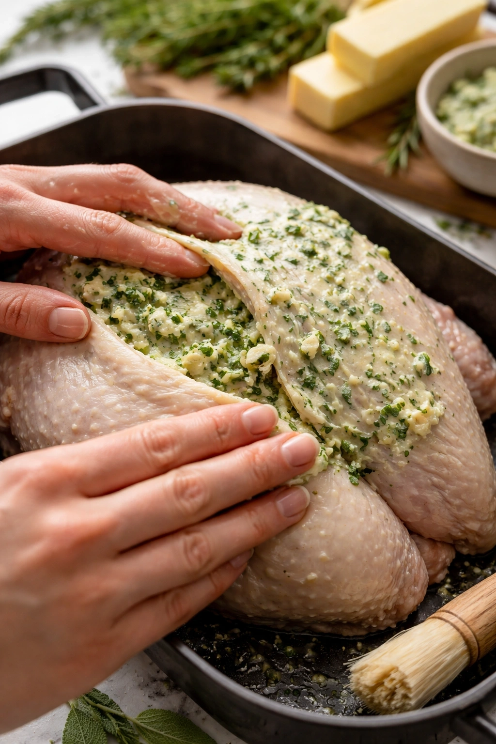 Fresh herb compound butter being massaged onto raw turkey breast for a moist and flavorful Thanksgiving roast.