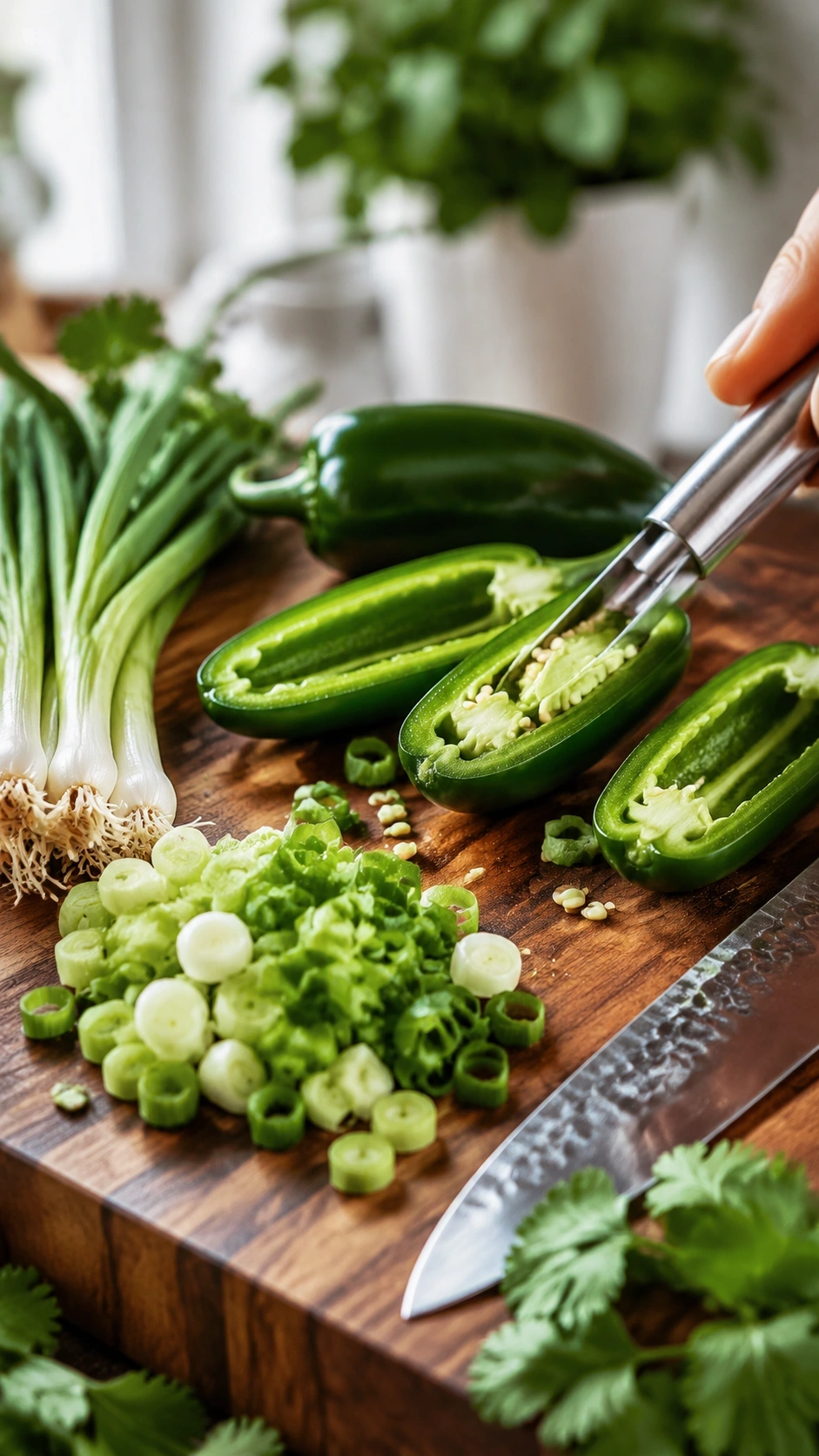 Fresh jalapenos and green onions being chopped on a walnut cutting board with a sharp stainless steel knife.