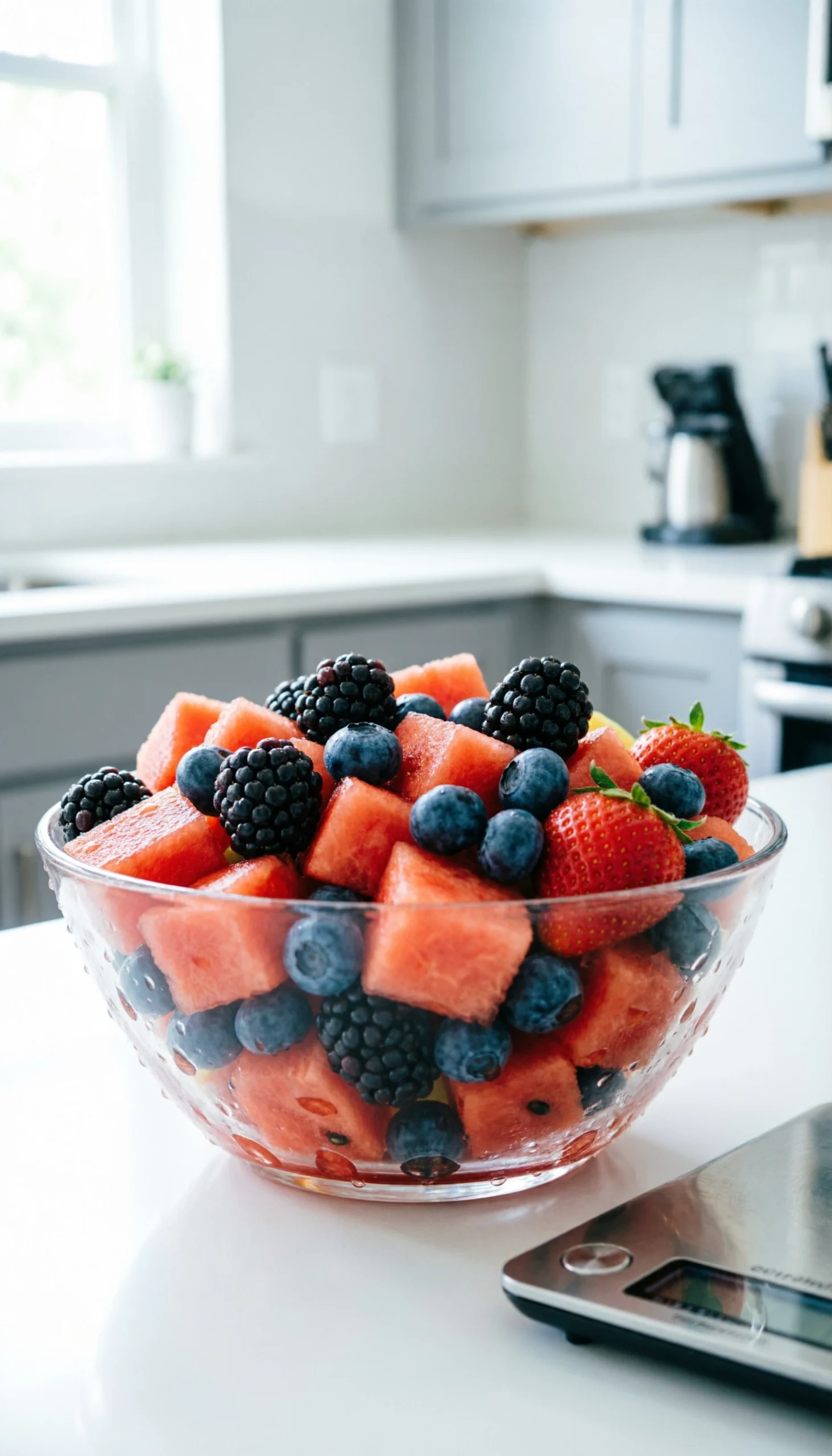 Fresh mixed fruit bowl with cubed watermelon, strawberries, and blueberries in a clear glass bowl on a counter.