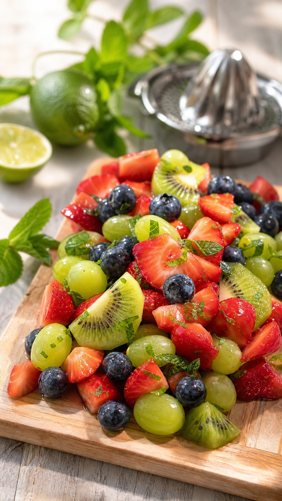 Fresh overnight fruit salad with strawberries and kiwi in a honey-lime dressing on a light wooden serving board.