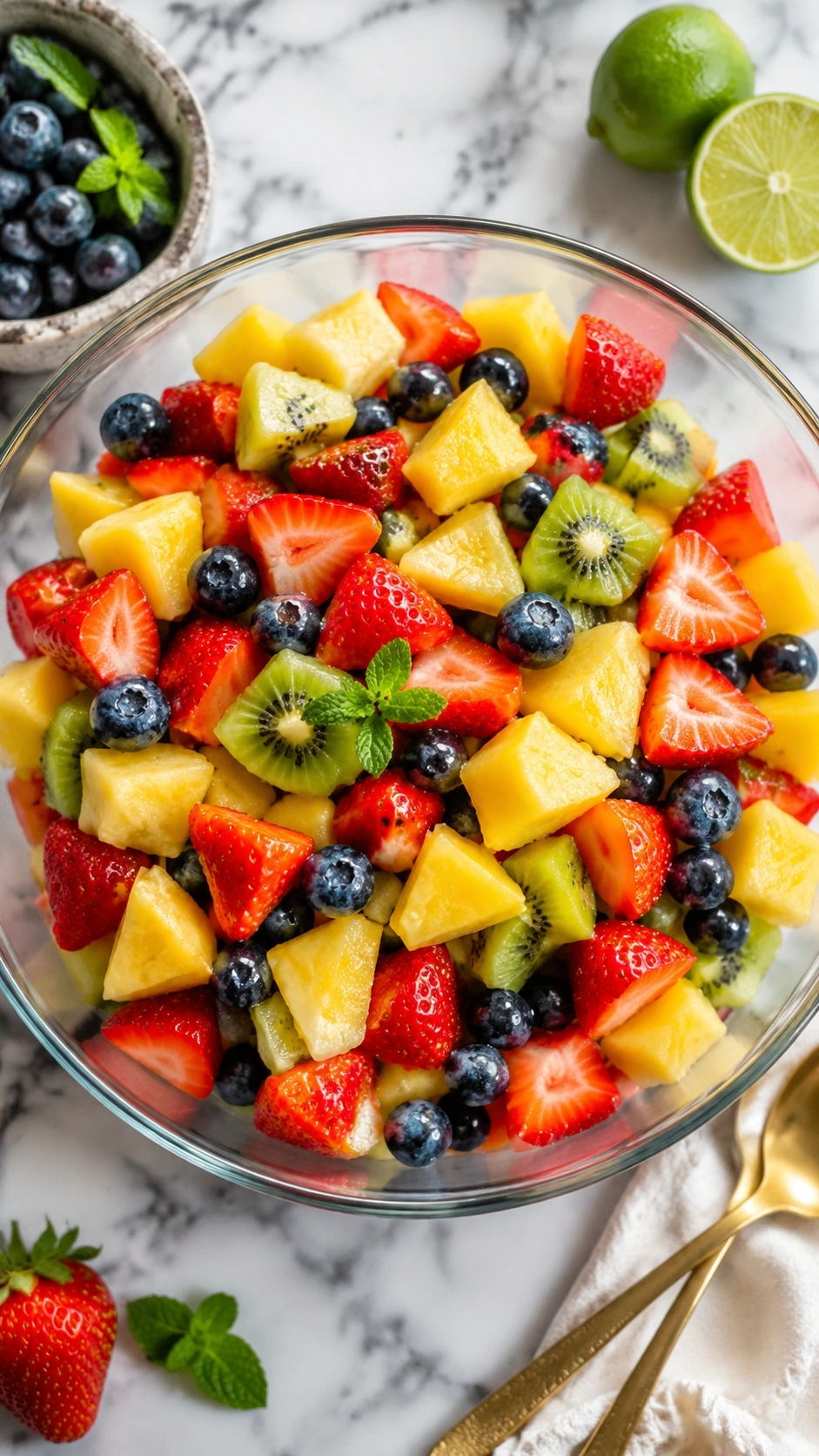Fresh rainbow fruit salad with strawberries, pineapple, and kiwi in a glass bowl on a marble countertop.