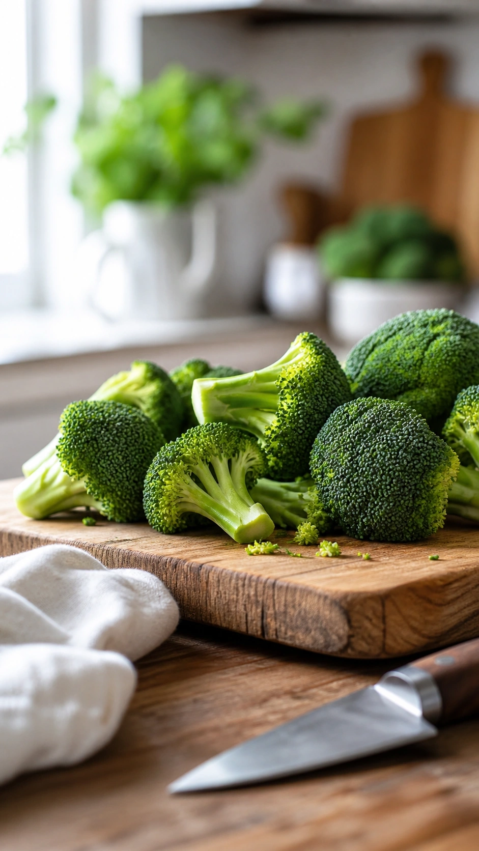 Fresh raw broccoli florets on a wooden cutting board with a chef’s knife in a bright, rustic kitchen setting.