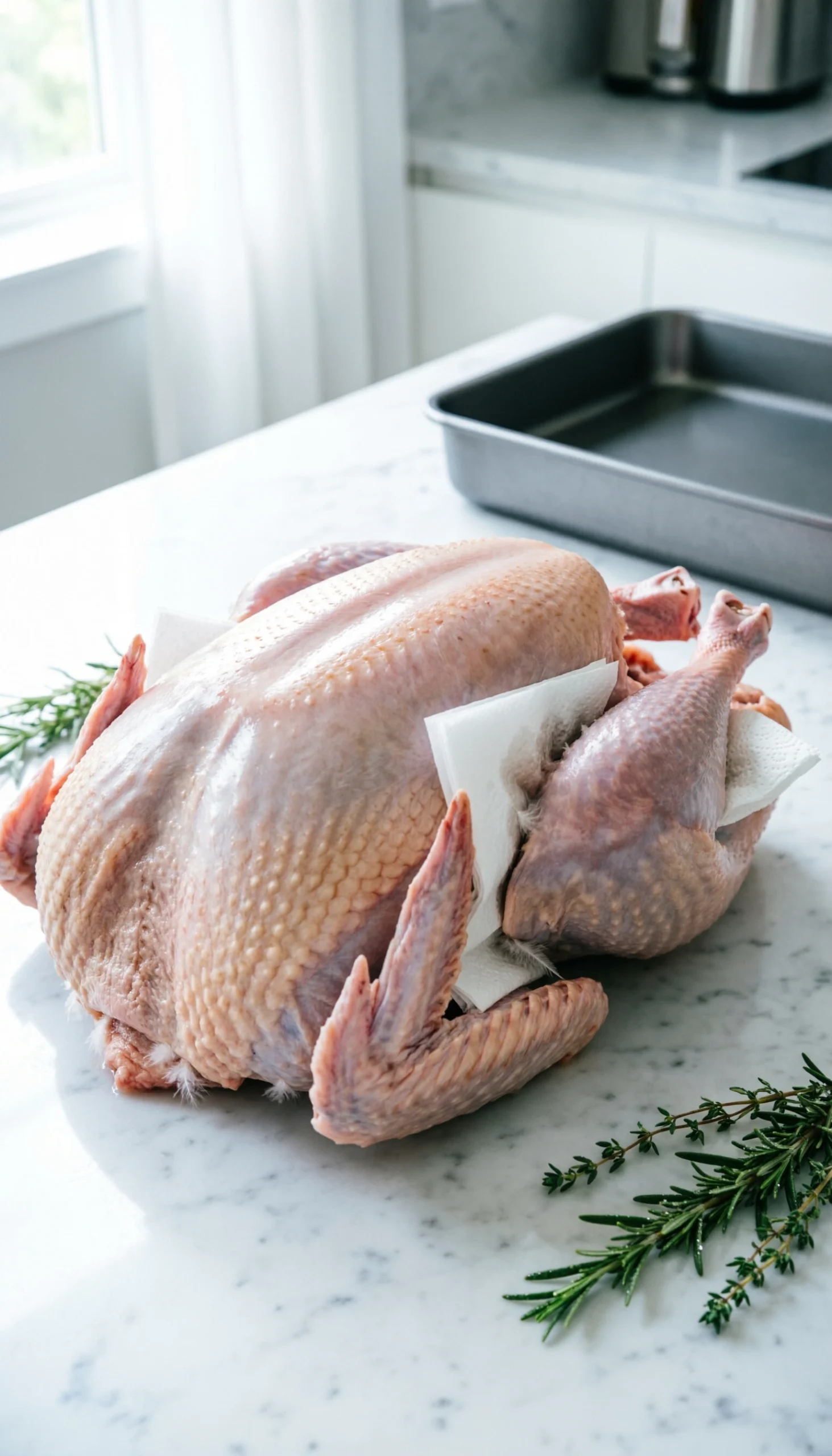Fresh raw whole turkey being patted dry with white paper towels on a clean marble countertop in a modern kitchen.