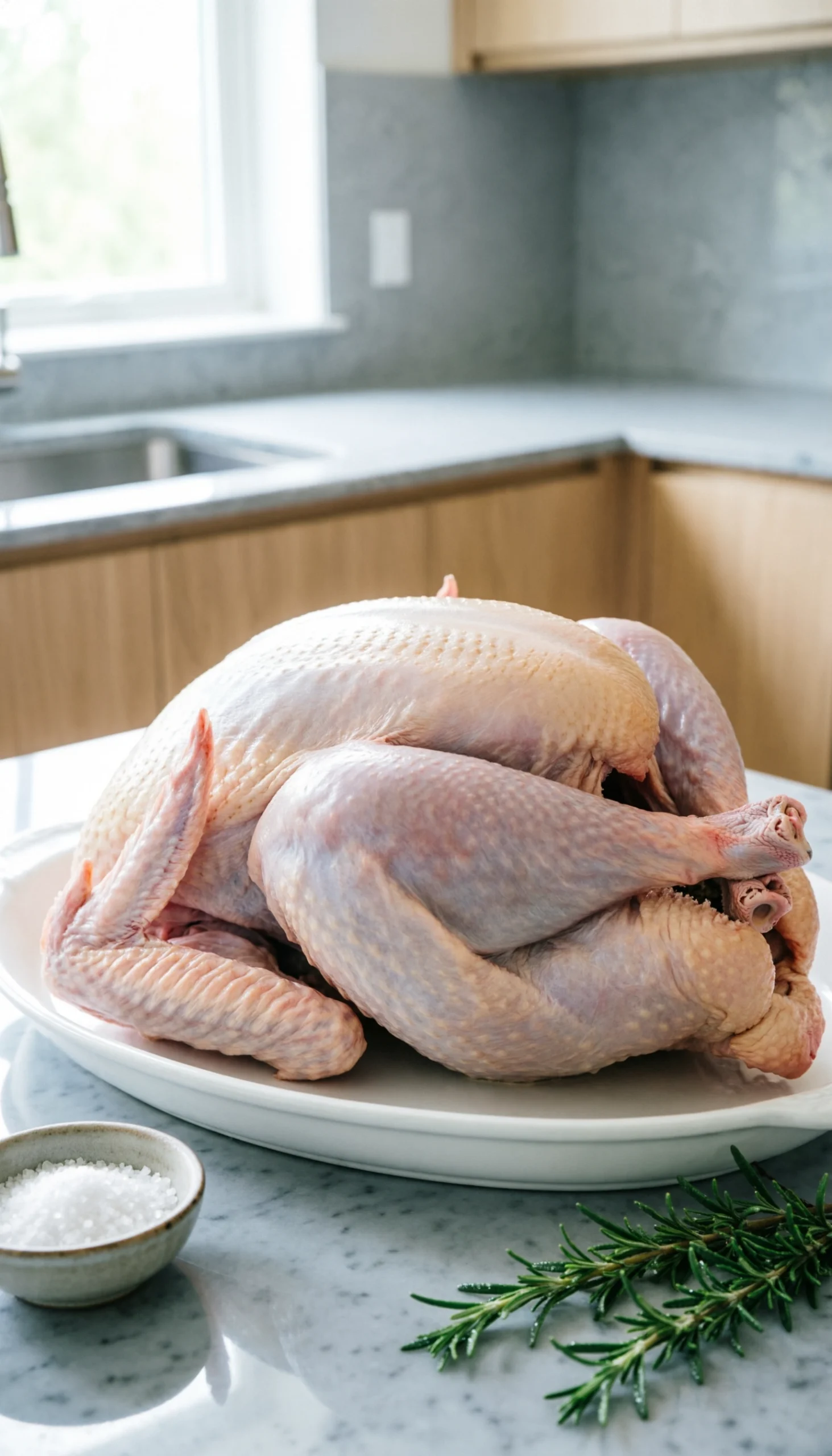 Fresh raw whole turkey on a white ceramic platter with rosemary and sea salt on a marble kitchen countertop.