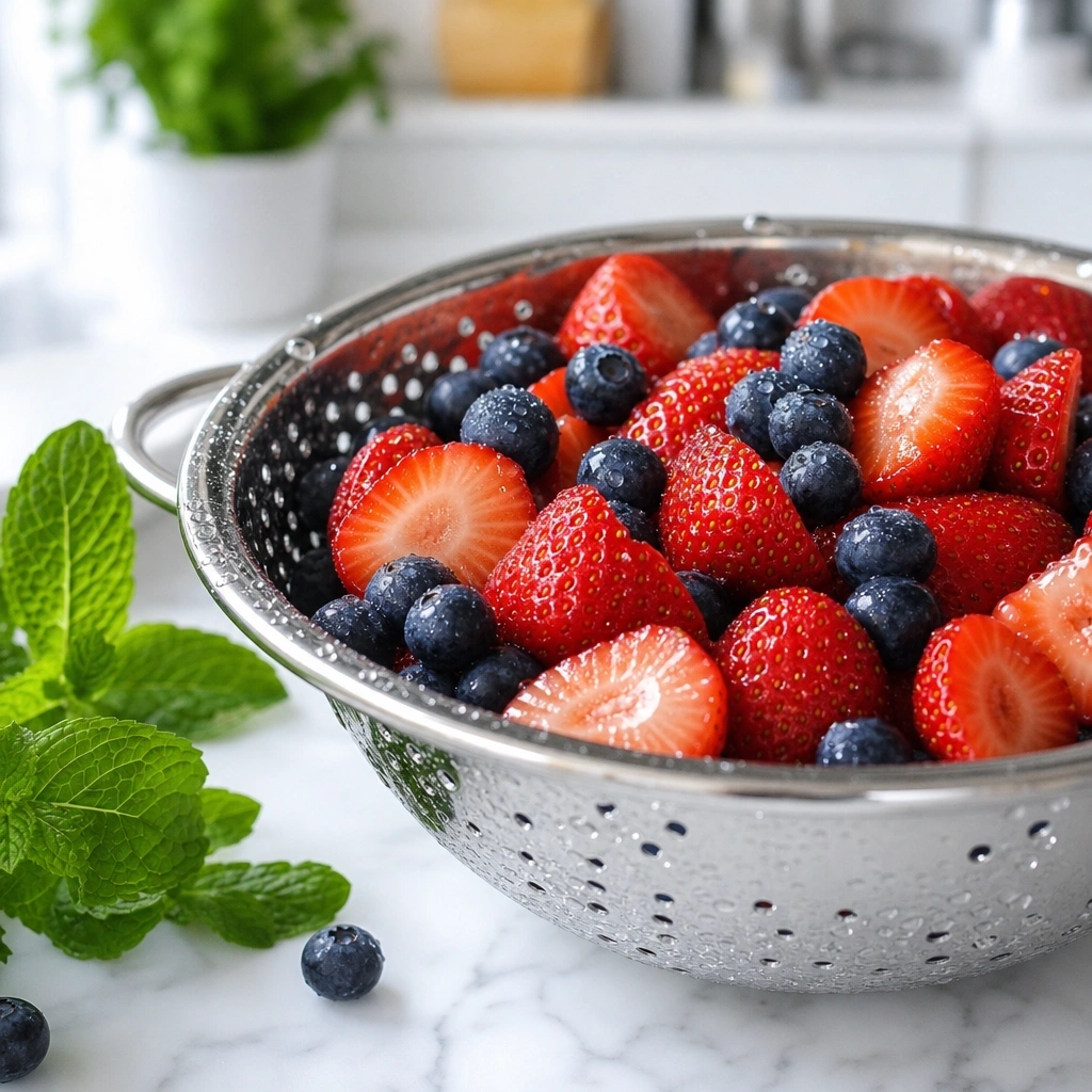 Fresh strawberries and blueberries with water droplets in a sleek colander on a white marble kitchen counter.