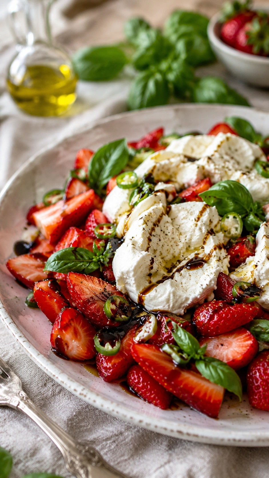 Fresh strawberry burrata salad with balsamic glaze and basil on a white ceramic plate in a bright kitchen.