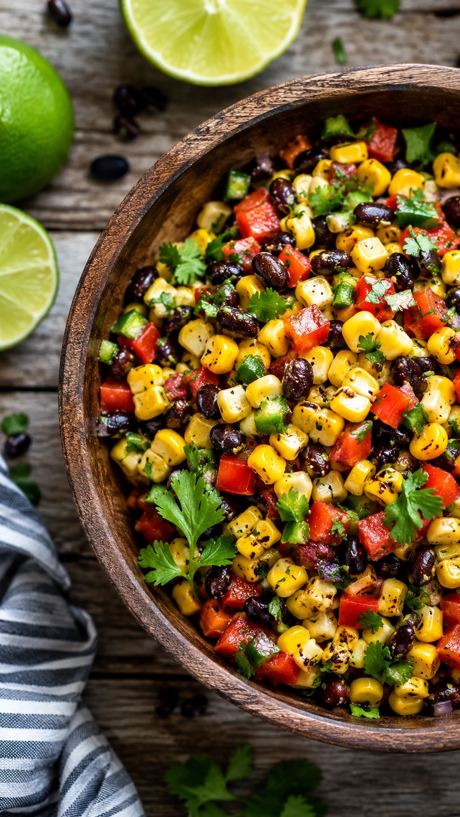 Fresh summer corn salad with black beans, red peppers, and lime vinaigrette in a rustic wooden bowl outdoors.