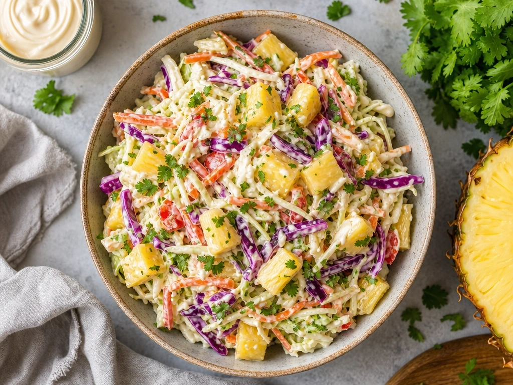 Fresh vegan gluten-free tropical slaw with plant-based dressing and pineapple chunks in an artisan ceramic bowl.