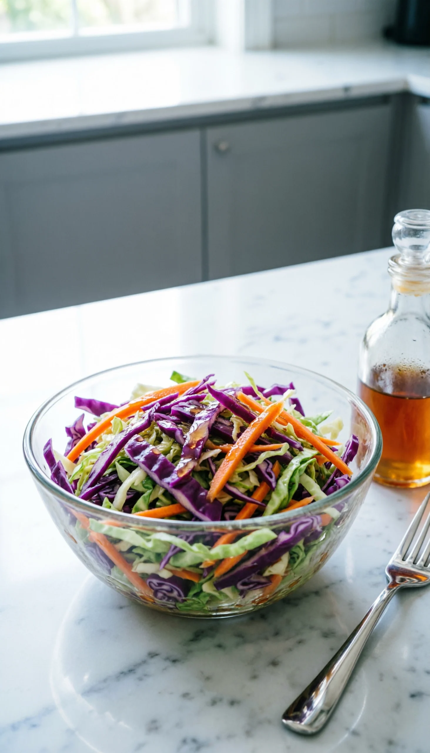Fresh vinegar-based coleslaw with shredded purple cabbage and julienned carrots in a glass bowl on marble counters.