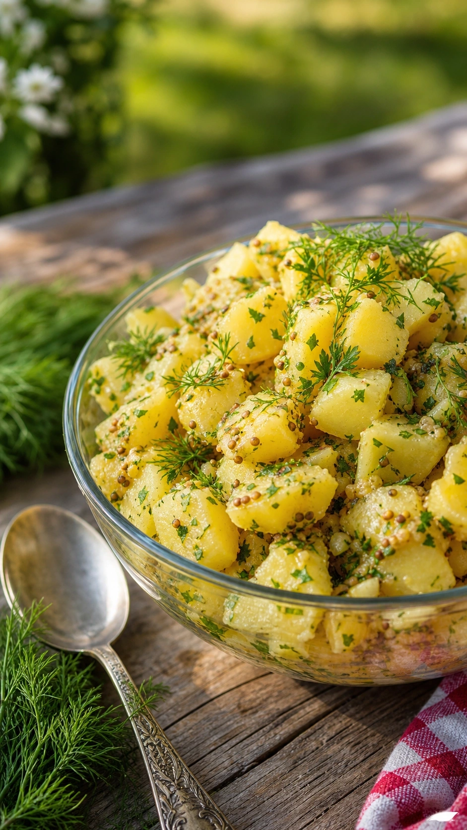 Fresh vinegar-based potato salad with golden potatoes and green herbs in a glass bowl on a rustic BBQ picnic table.
