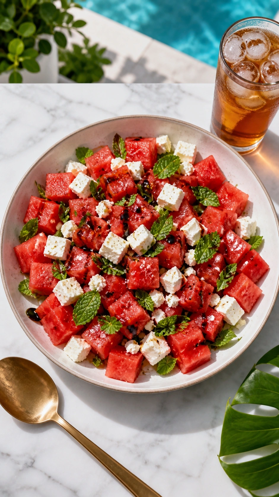Fresh watermelon and feta salad with mint leaves and balsamic glaze in a bowl on a bright marble poolside countertop.