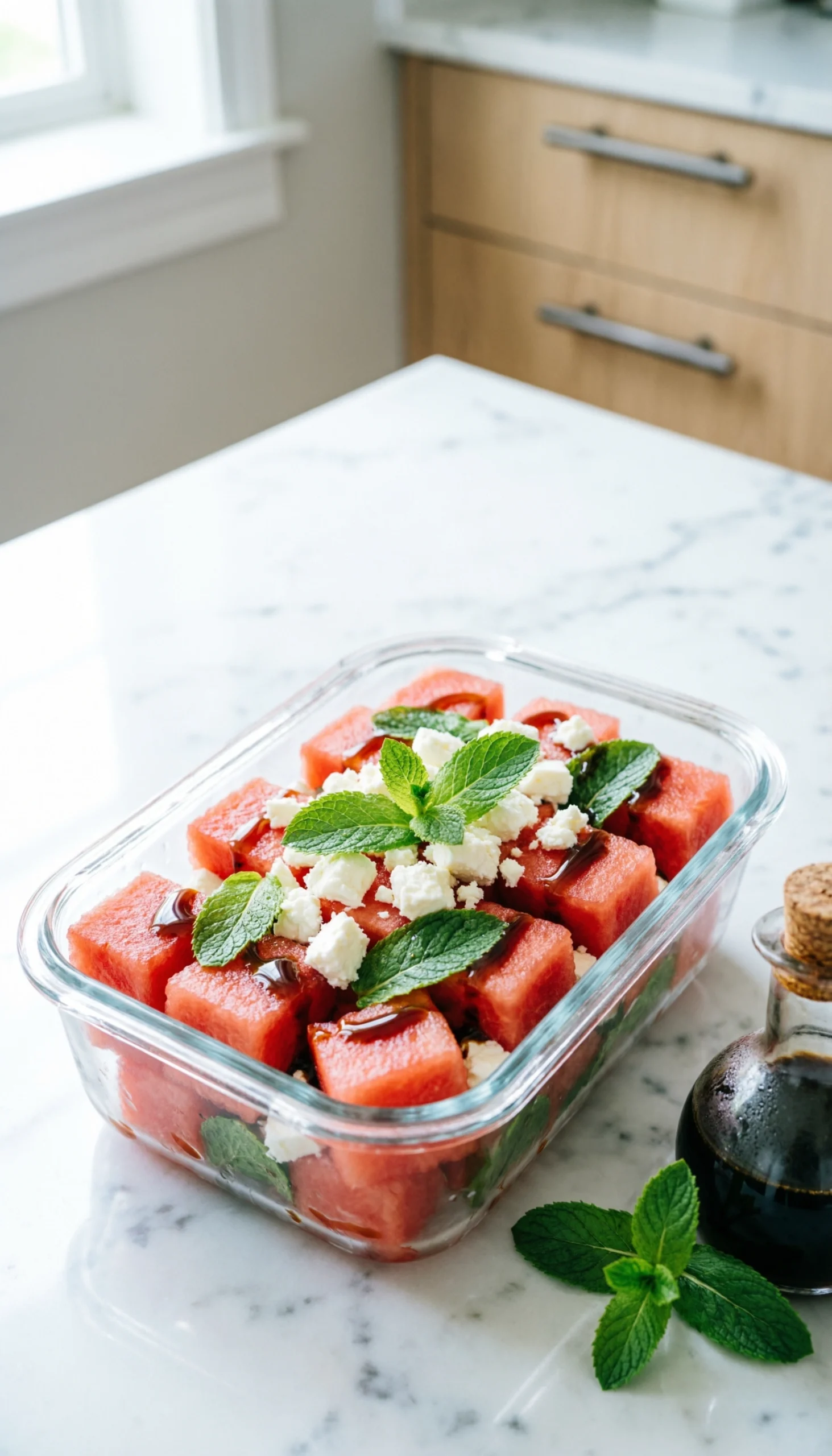 Fresh watermelon feta salad with mint and balsamic glaze in a glass storage container on a marble countertop.