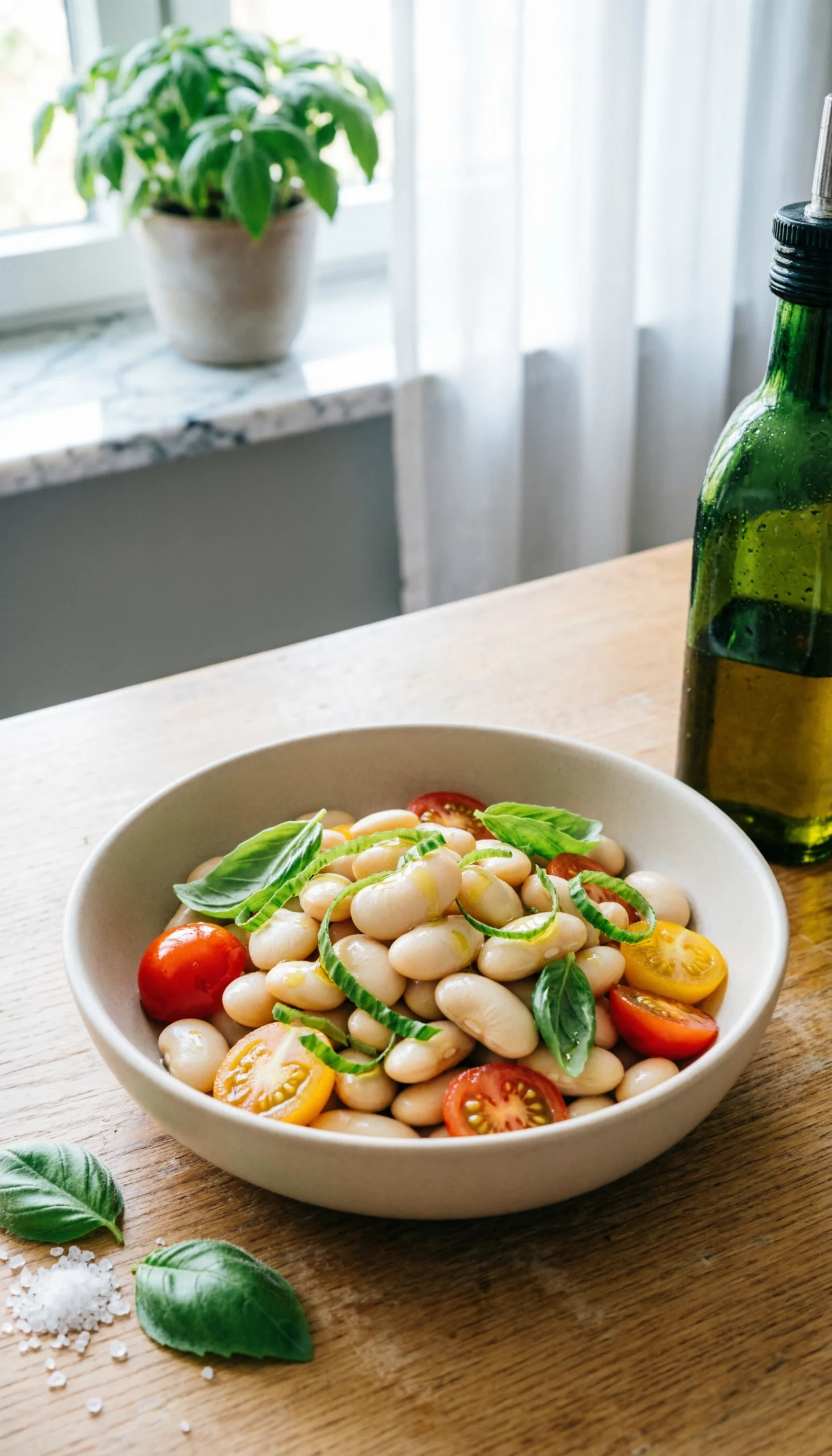 Fresh white bean and cherry tomato salad with basil and olive oil in a ceramic bowl on a rustic wooden table.