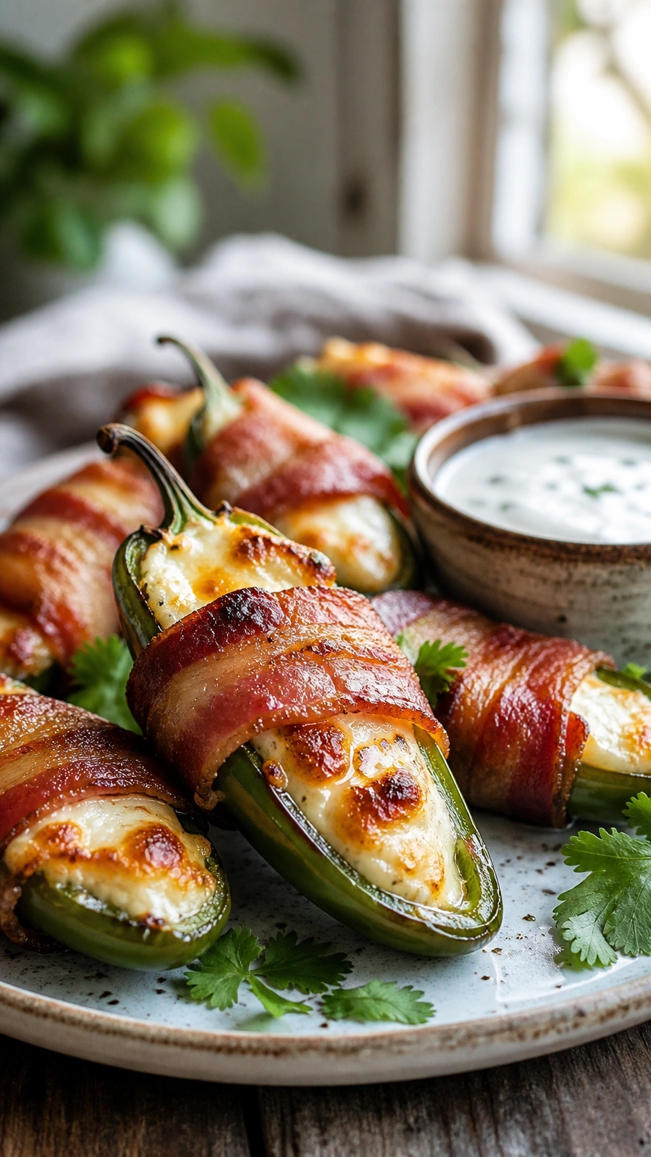 Freshly baked bacon wrapped jalapeno poppers with melted cream cheese and ranch dressing on a rustic wood table.