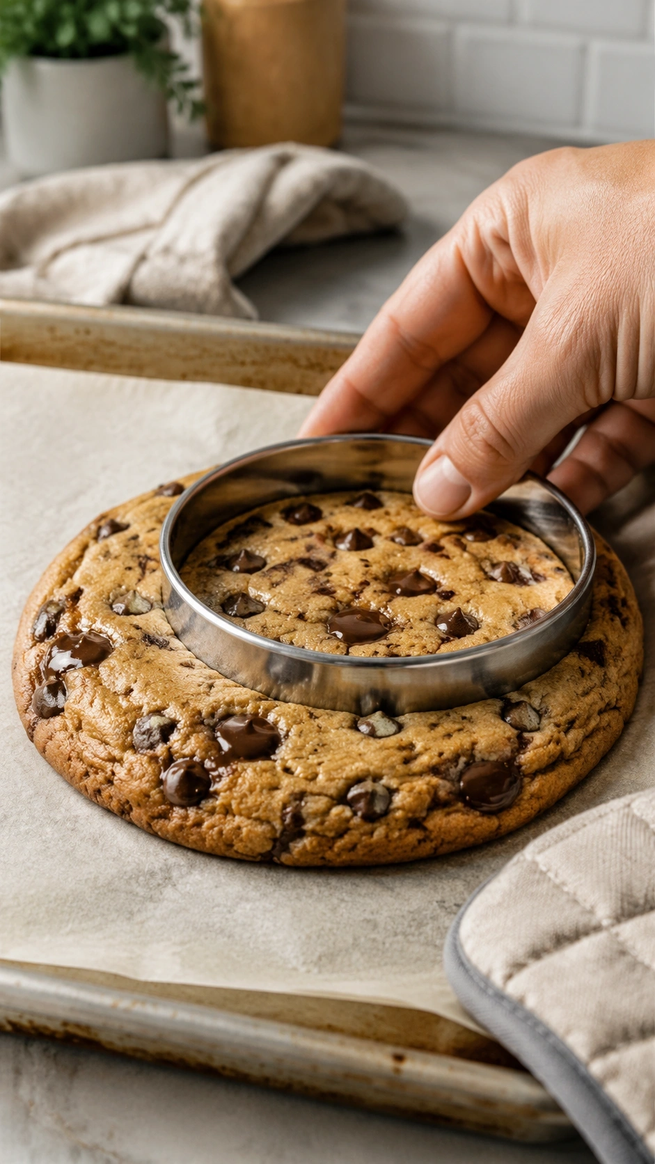 Freshly baked chocolate chip cookie being shaped with a circular biscuit cutter on a parchment-lined baking tray.