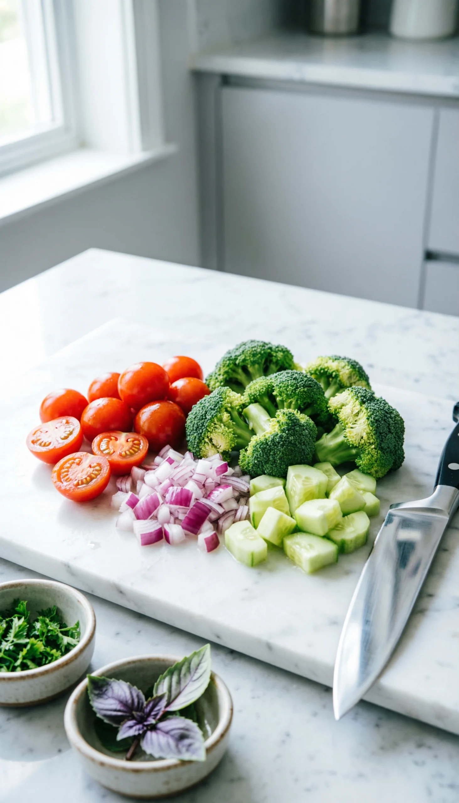 Freshly chopped cherry tomatoes, red onion, and broccoli for pasta salad arranged on a premium wooden cutting board.