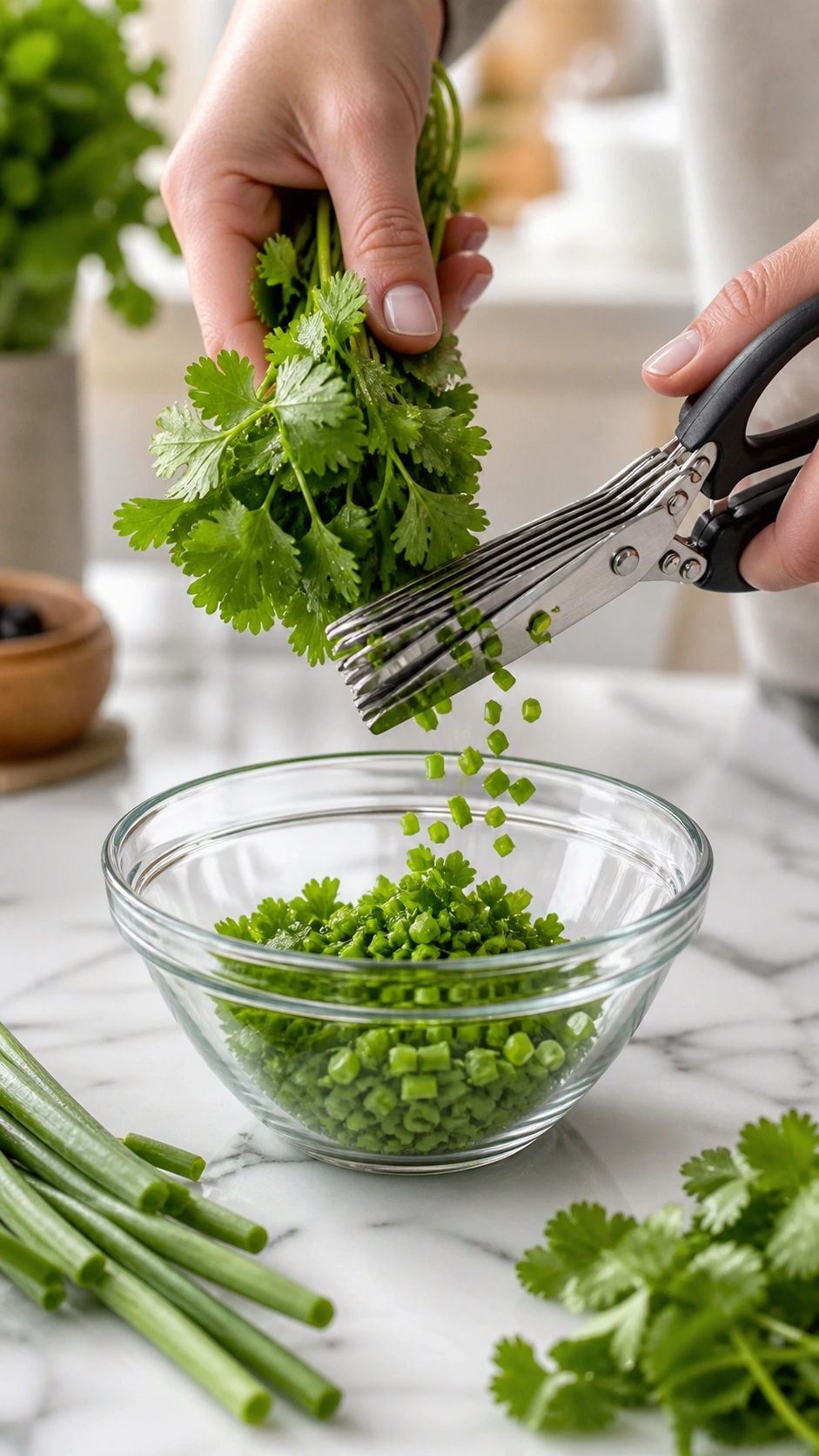 Freshly chopped green onions and cilantro leaves in a glass bowl with professional stainless steel scissors.