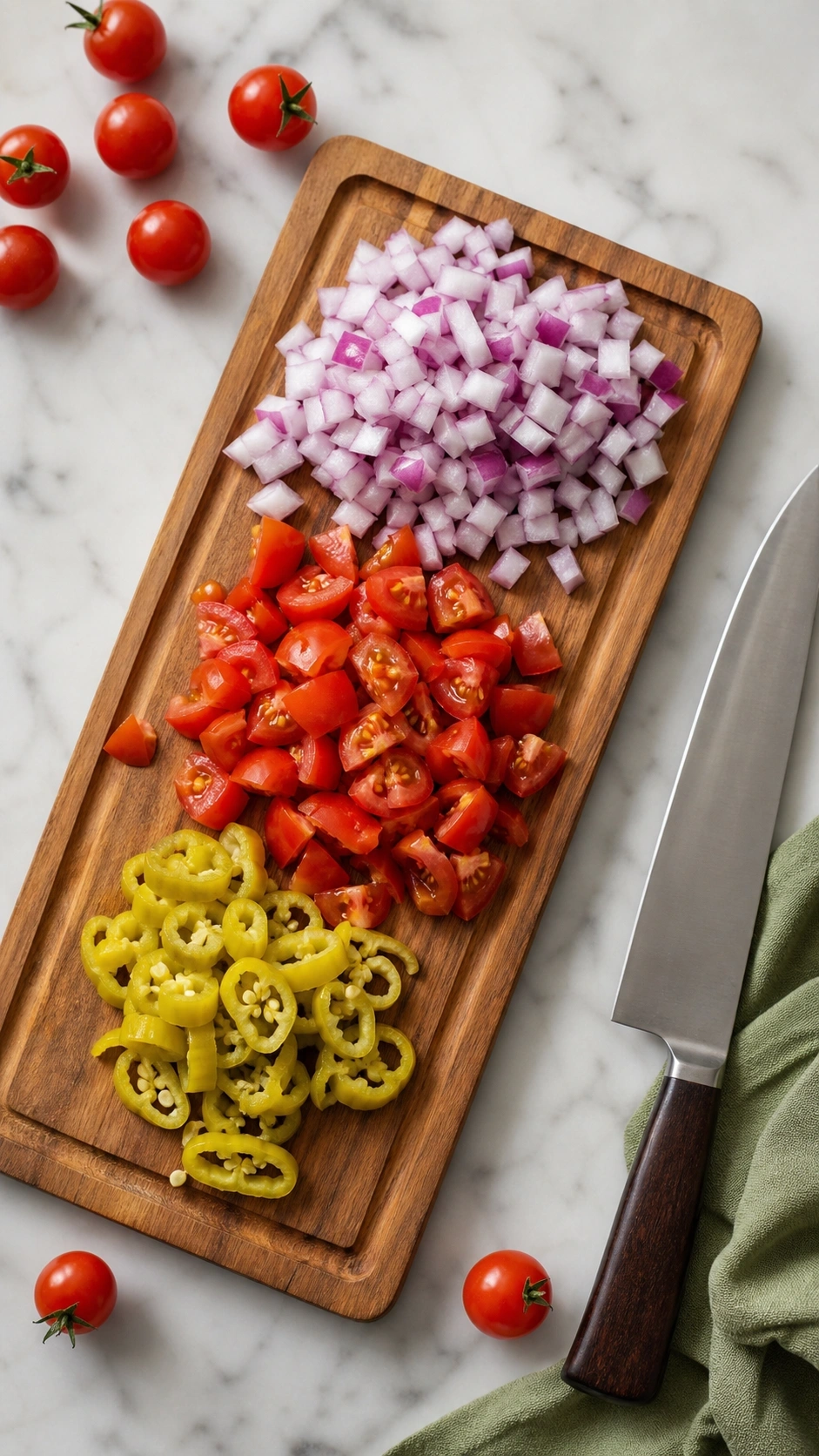 Freshly chopped red onions, cherry tomatoes, and pepperoncini on a wooden cutting board with a professional knife.