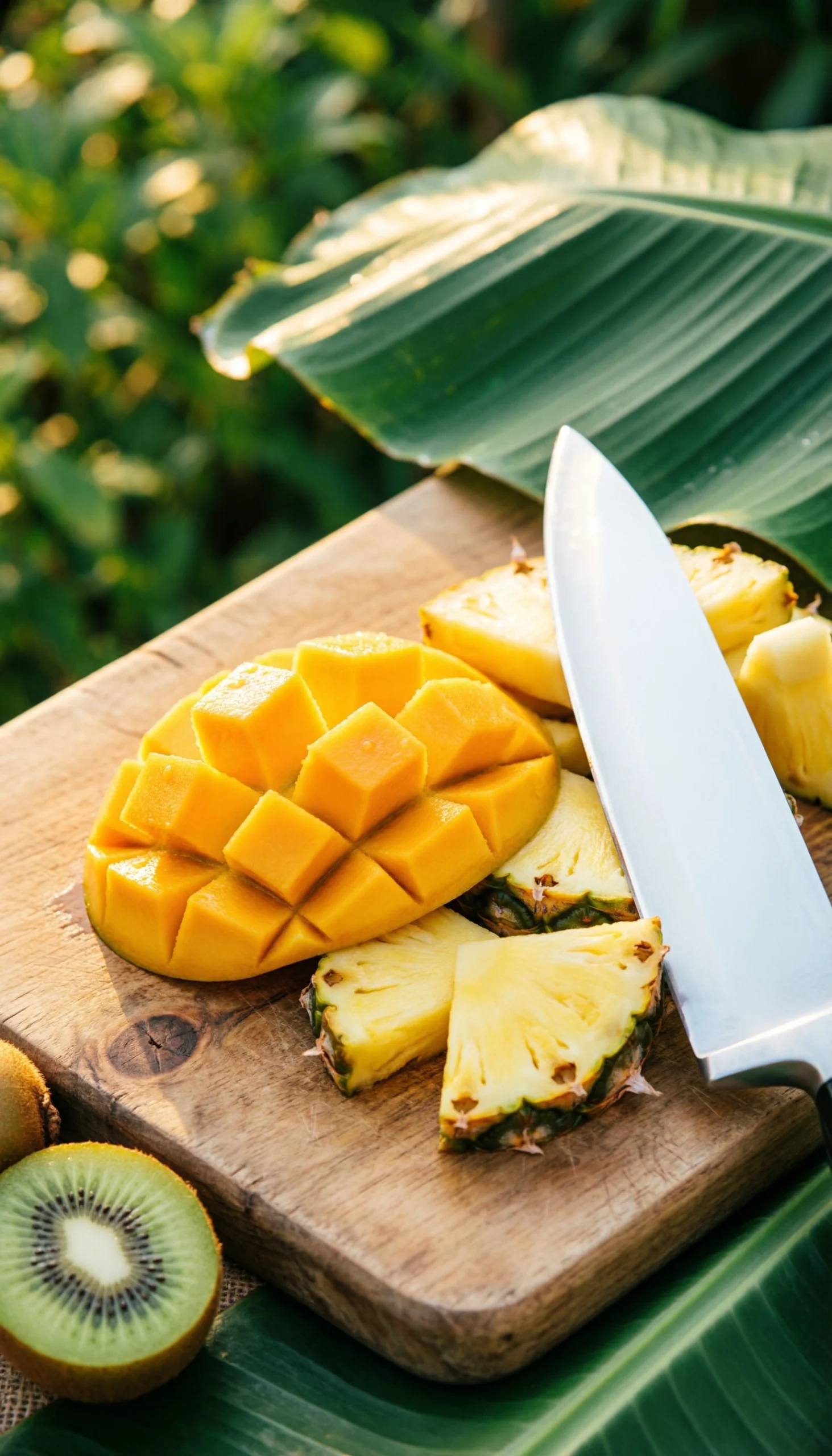 Freshly diced mango and pineapple chunks on a rustic wooden cutting board and table in a sunny garden setting.