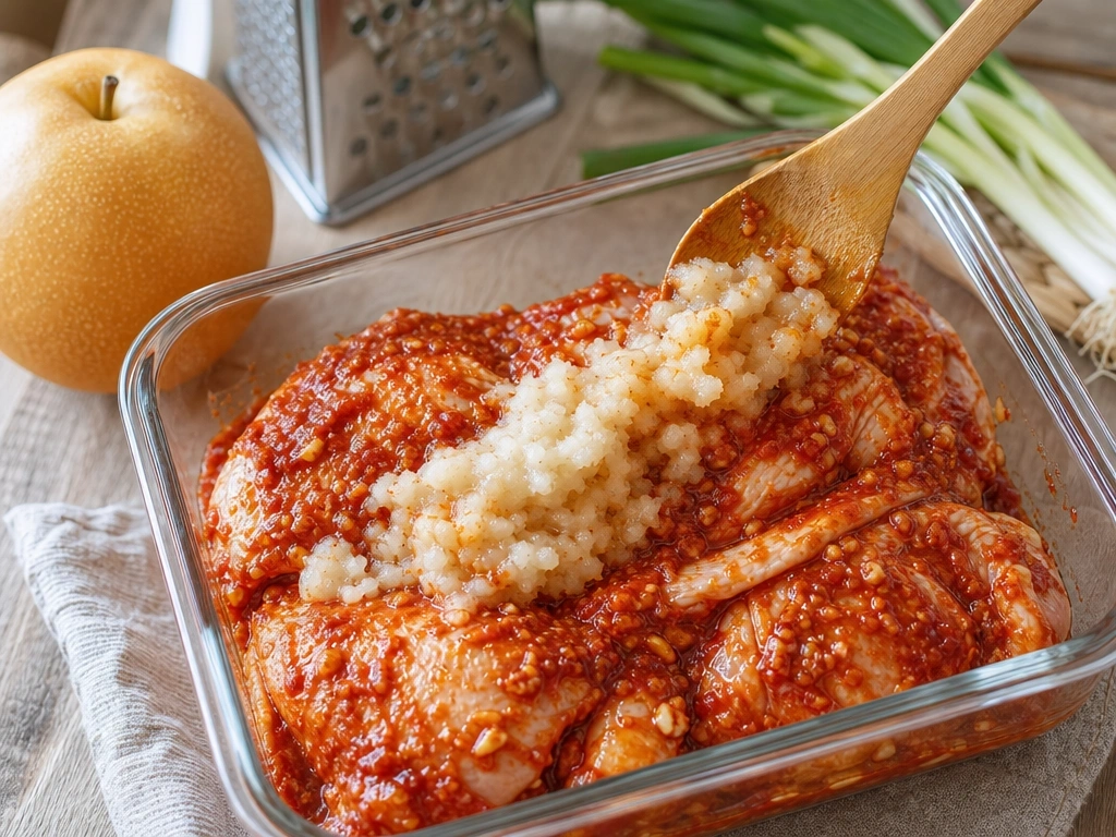 Freshly grated Asian pear folded into marinated chicken thighs in a glass container for Korean BBQ prep.
