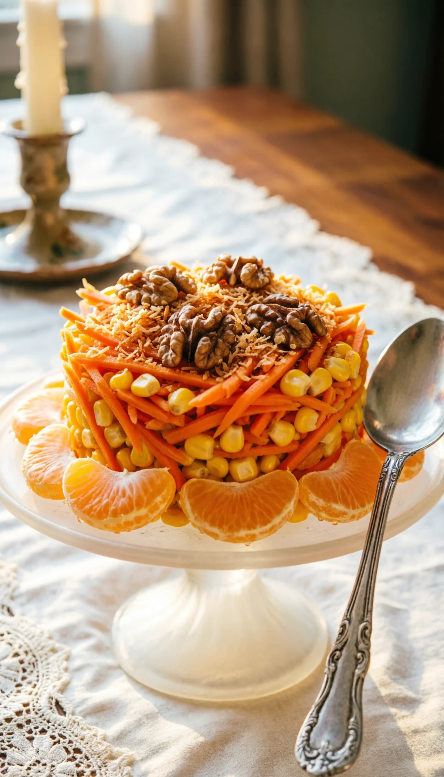 Freshly grated orange carrots cascading from a stainless steel box grater onto a natural wood butcher block.