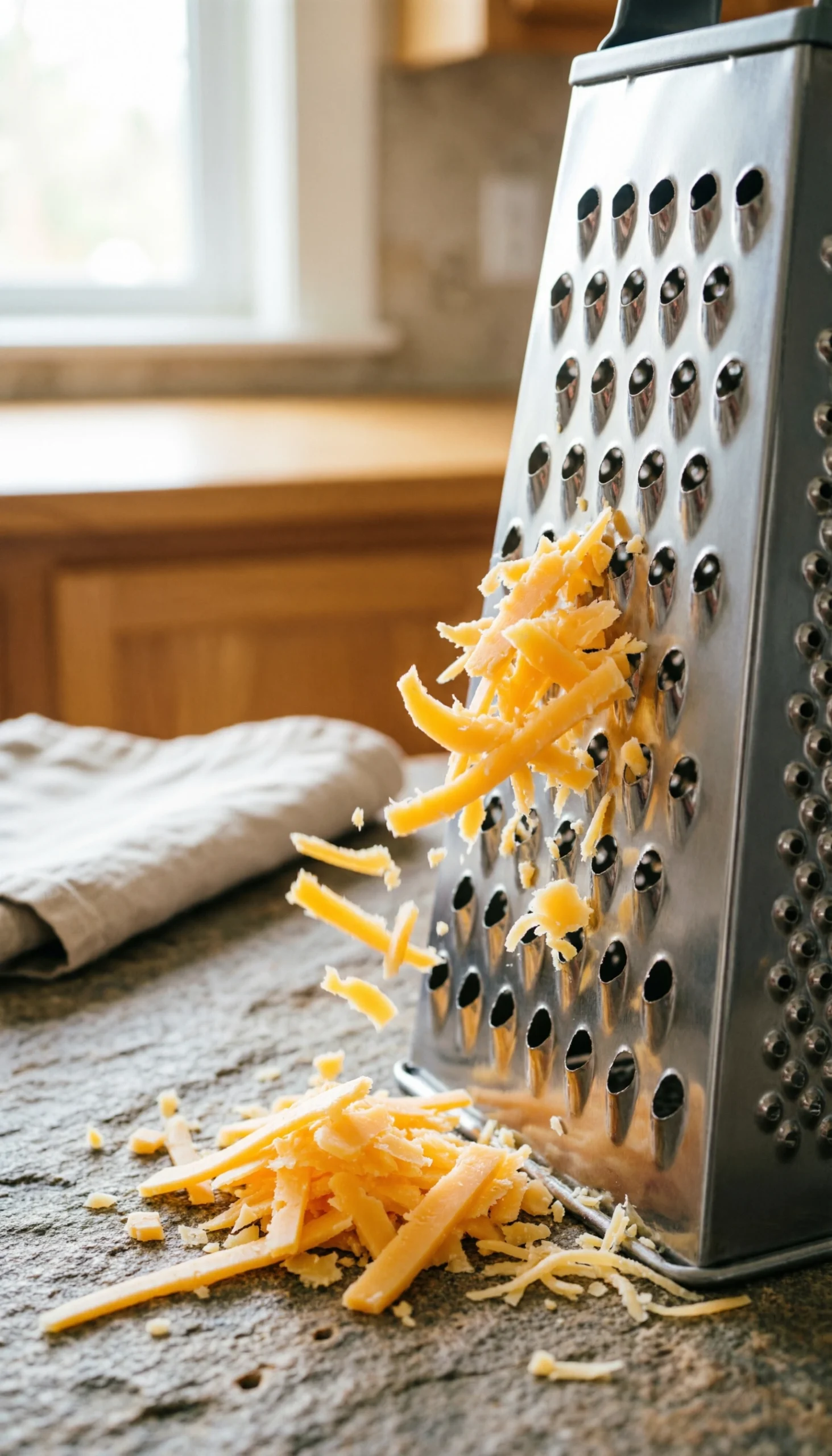 Freshly grated sharp yellow cheddar cheese shreds falling from a stainless steel box grater on a stone surface.