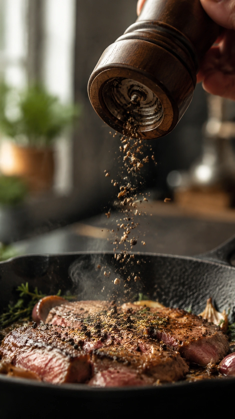 Freshly ground black peppercorns falling from a wood grinder onto a simmering dish in a dark cast iron skillet.
