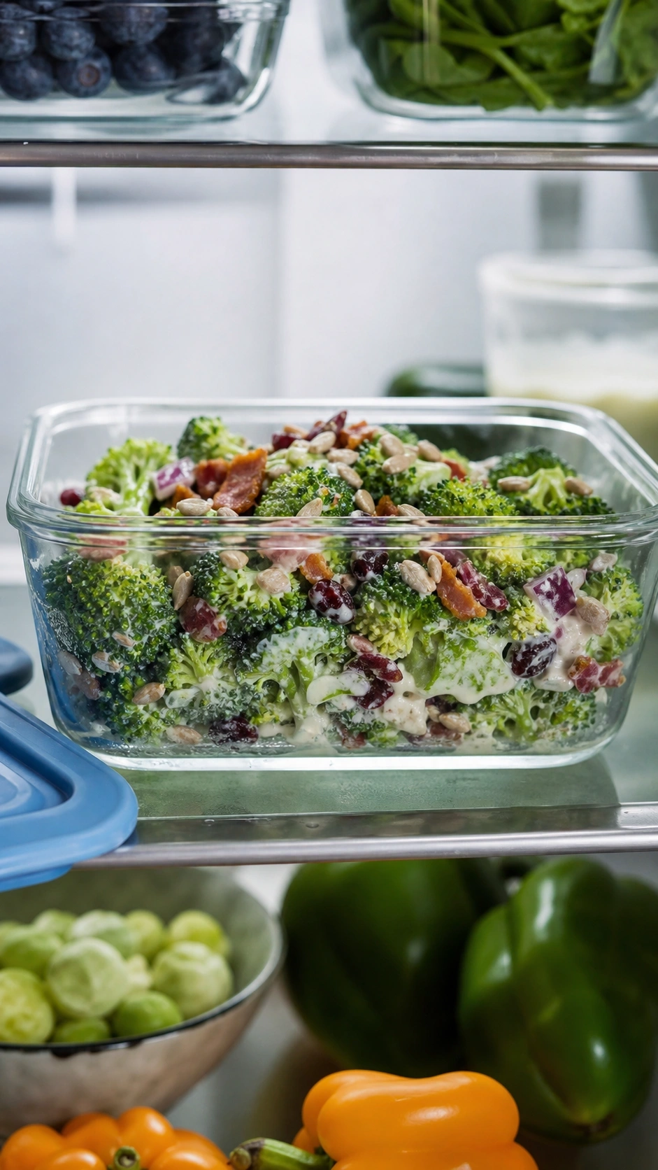 Freshly prepared broccoli salad stored in a clear glass container on a refrigerator shelf for meal prep.