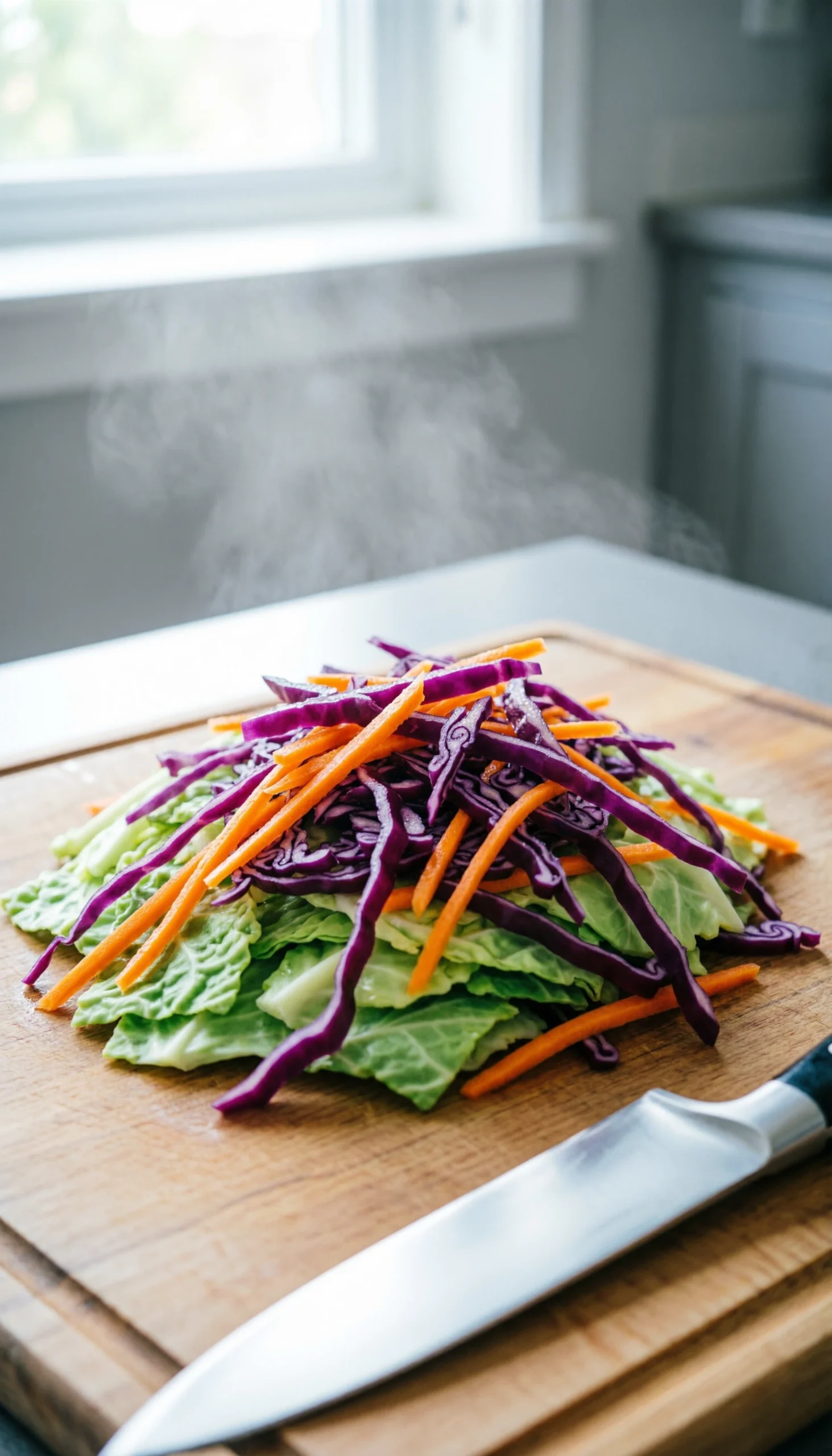 Freshly shredded vibrant green and red cabbage with julienned carrots on a rustic wooden cutting board, ready for a healthy meal.