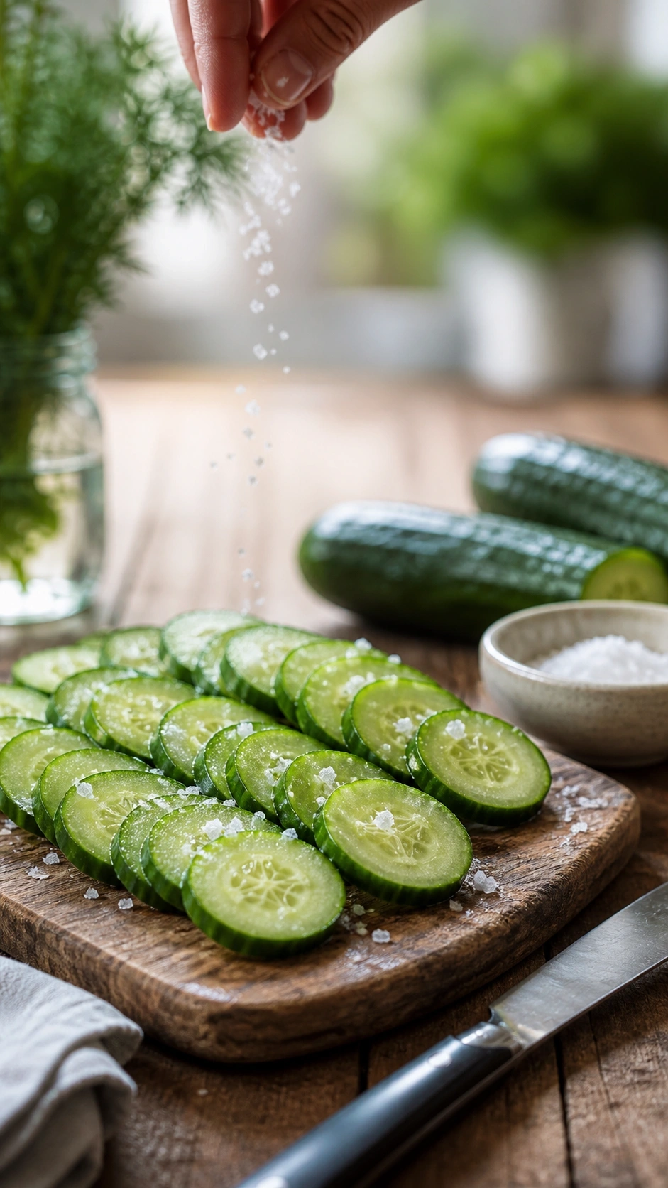 Freshly sliced English cucumbers on a rustic wooden cutting board being sprinkled with coarse sea salt in a bright kitchen.
