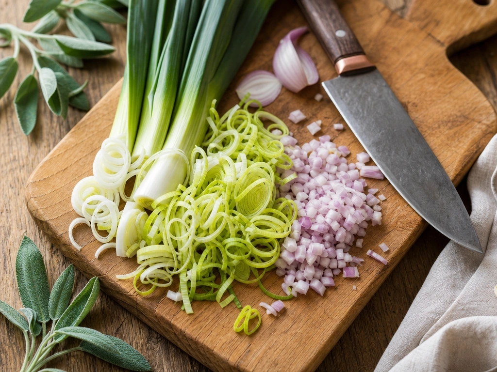 Freshly sliced green leeks and purple shallots on a rustic wooden cutting board with a professional chef’s knife.