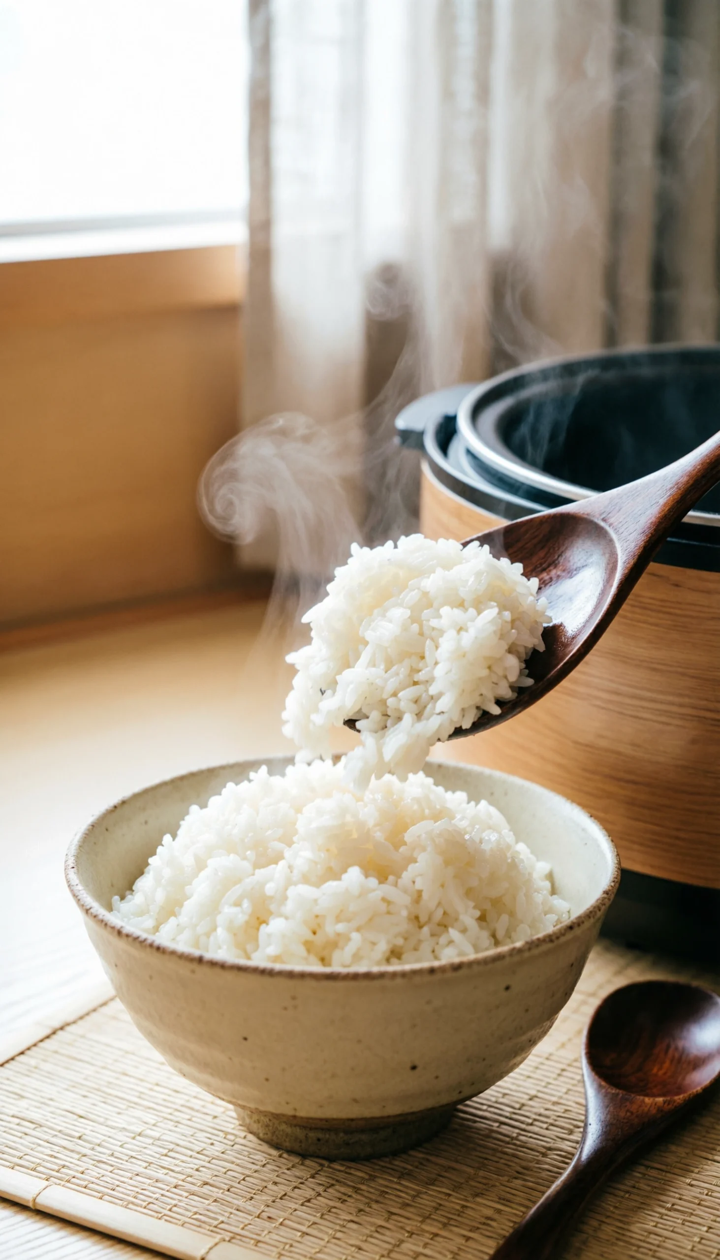 Freshly steamed fluffy jasmine rice being scooped from a bamboo cooker into a ceramic bowl on a natural mat.