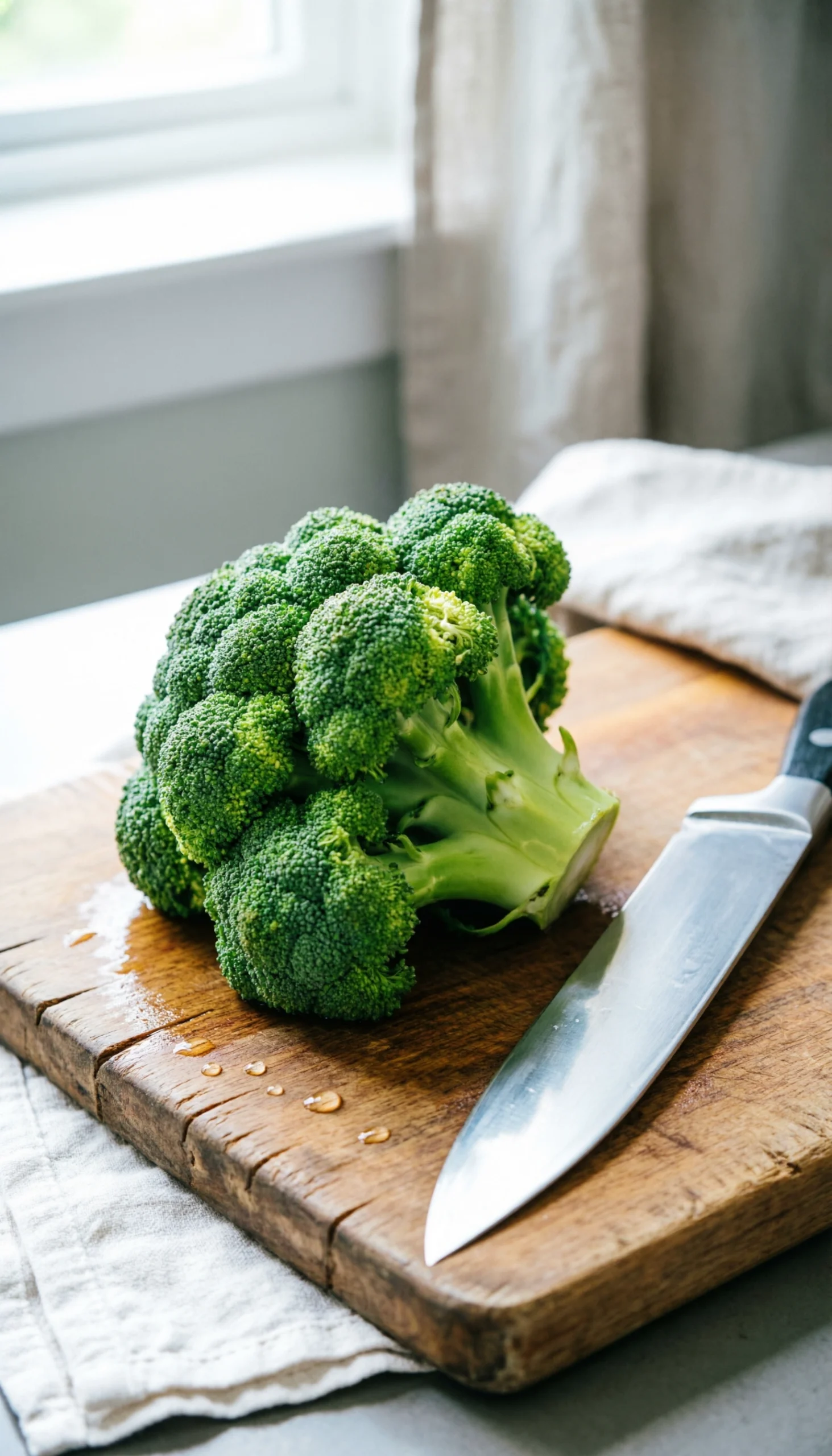 Freshly washed and chopped green broccoli florets on a rustic wooden cutting board with a sharp chef’s knife.