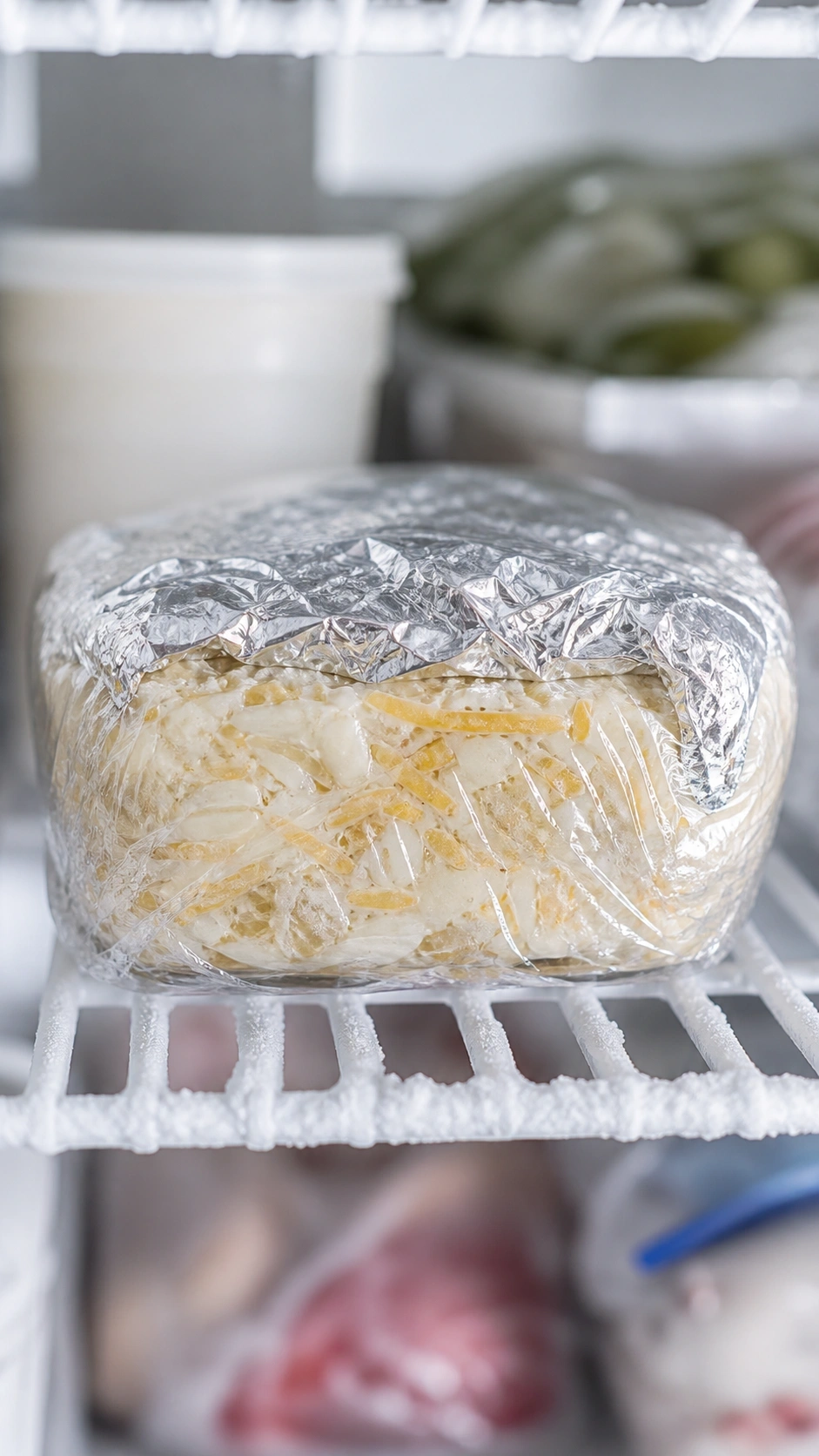 Frozen unbaked cheesy potato casserole wrapped in aluminum foil and plastic on a frost-covered freezer shelf.