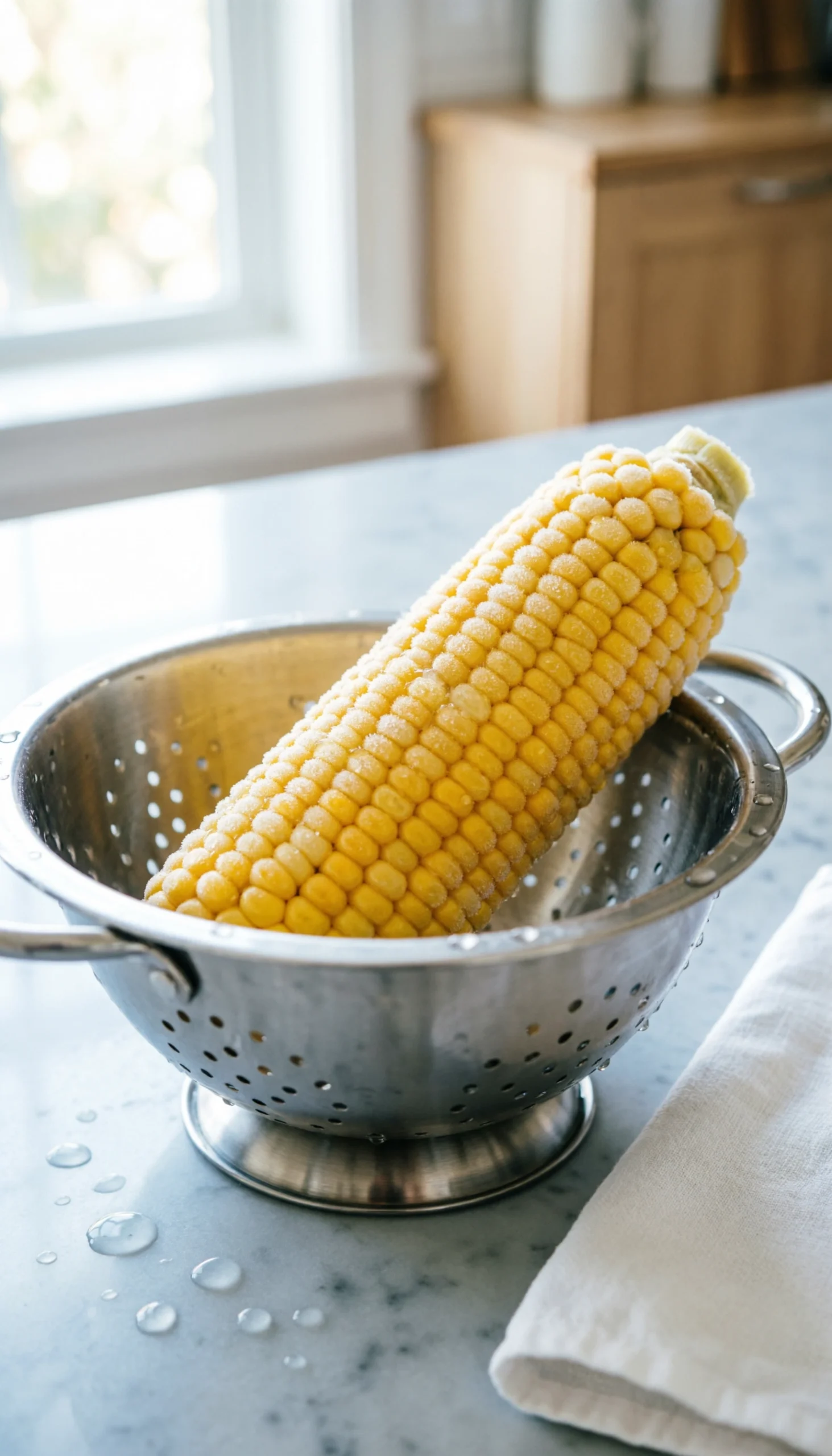 Frozen yellow sweet corn kernels thawing in a silver stainless steel colander on a white marble kitchen countertop.