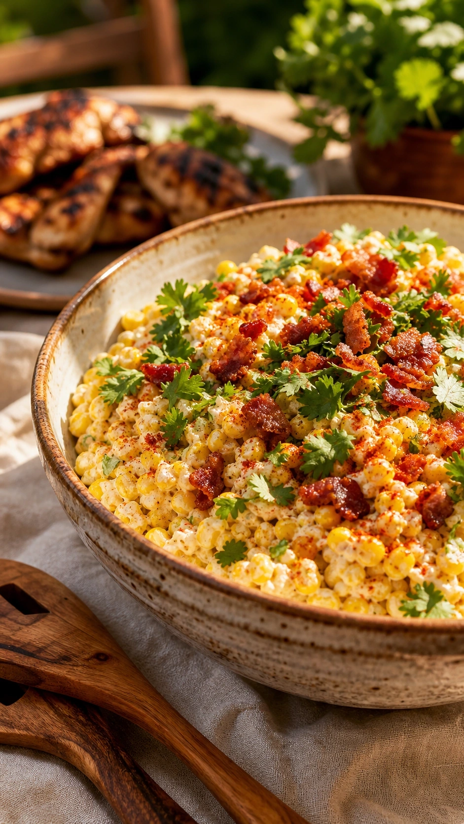 Garnished crack corn salad with bacon and cilantro served in a ceramic bowl at a sunlit outdoor summer BBQ.