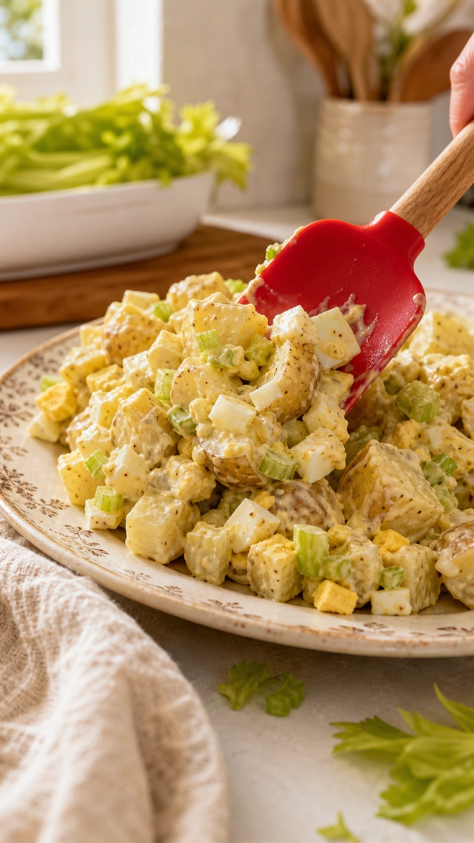 Gently folding creamy potato salad with a red spatula on a vintage ceramic plate showing cubed potatoes and boiled eggs.